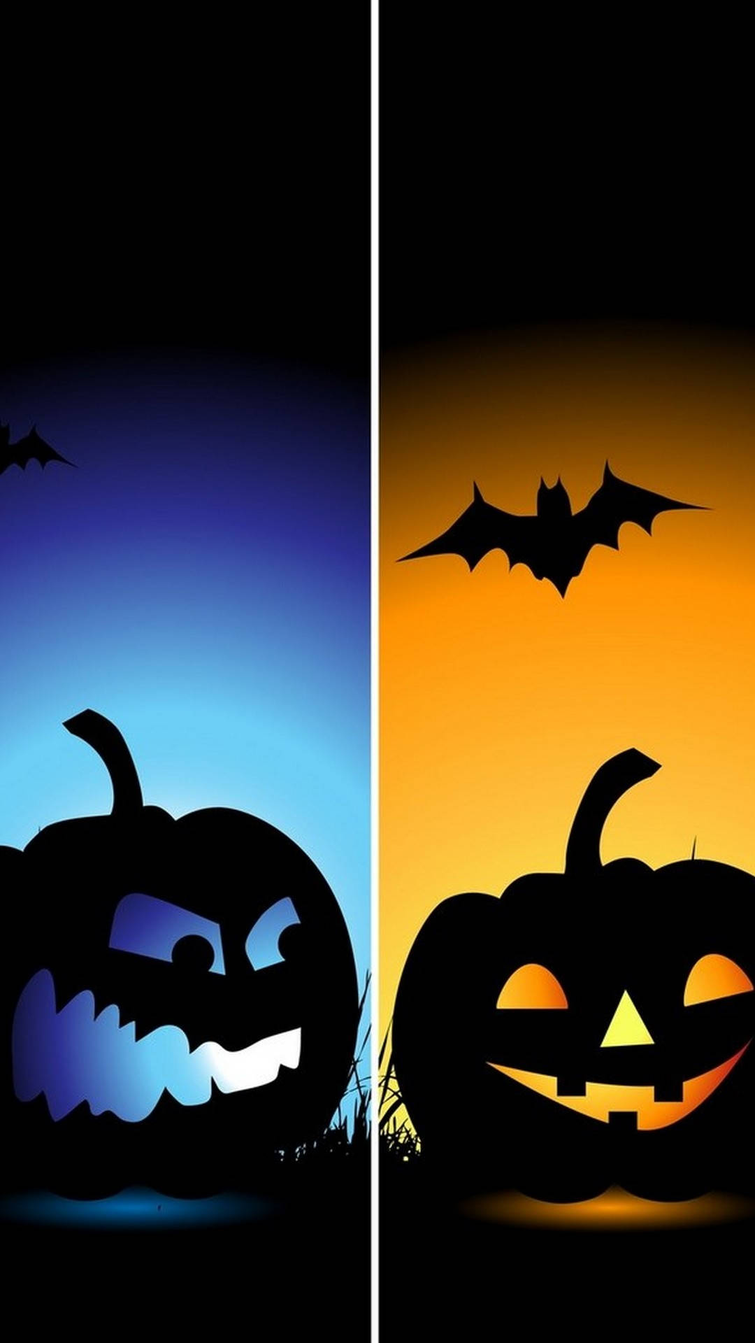 blue orange pumpkins, jack-o'-lanterns, blue night sky, Full HD Phone Wallpaper