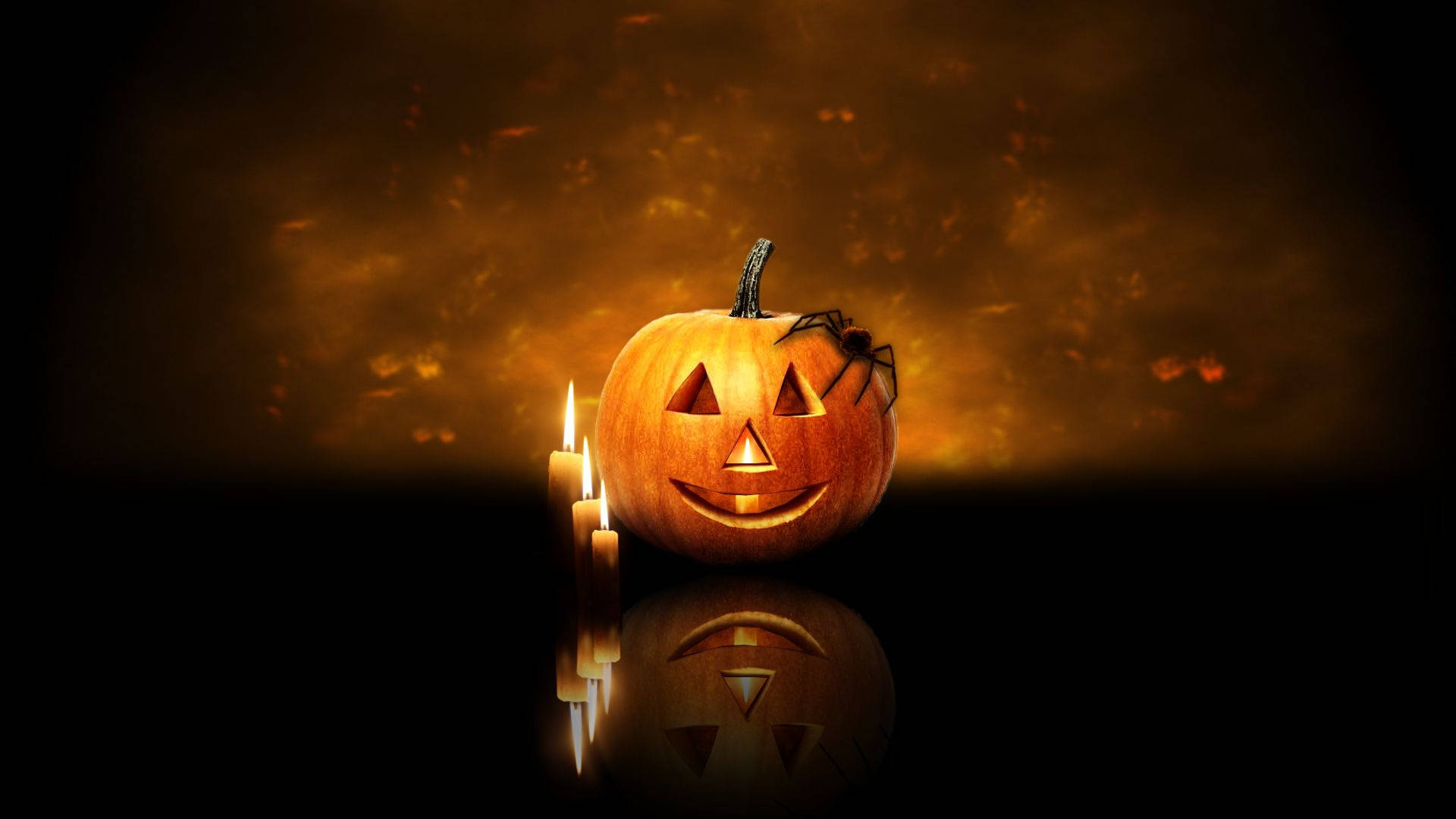 jack-o'-lantern, spider, flickering candles, Full HD Desktop Wallpaper