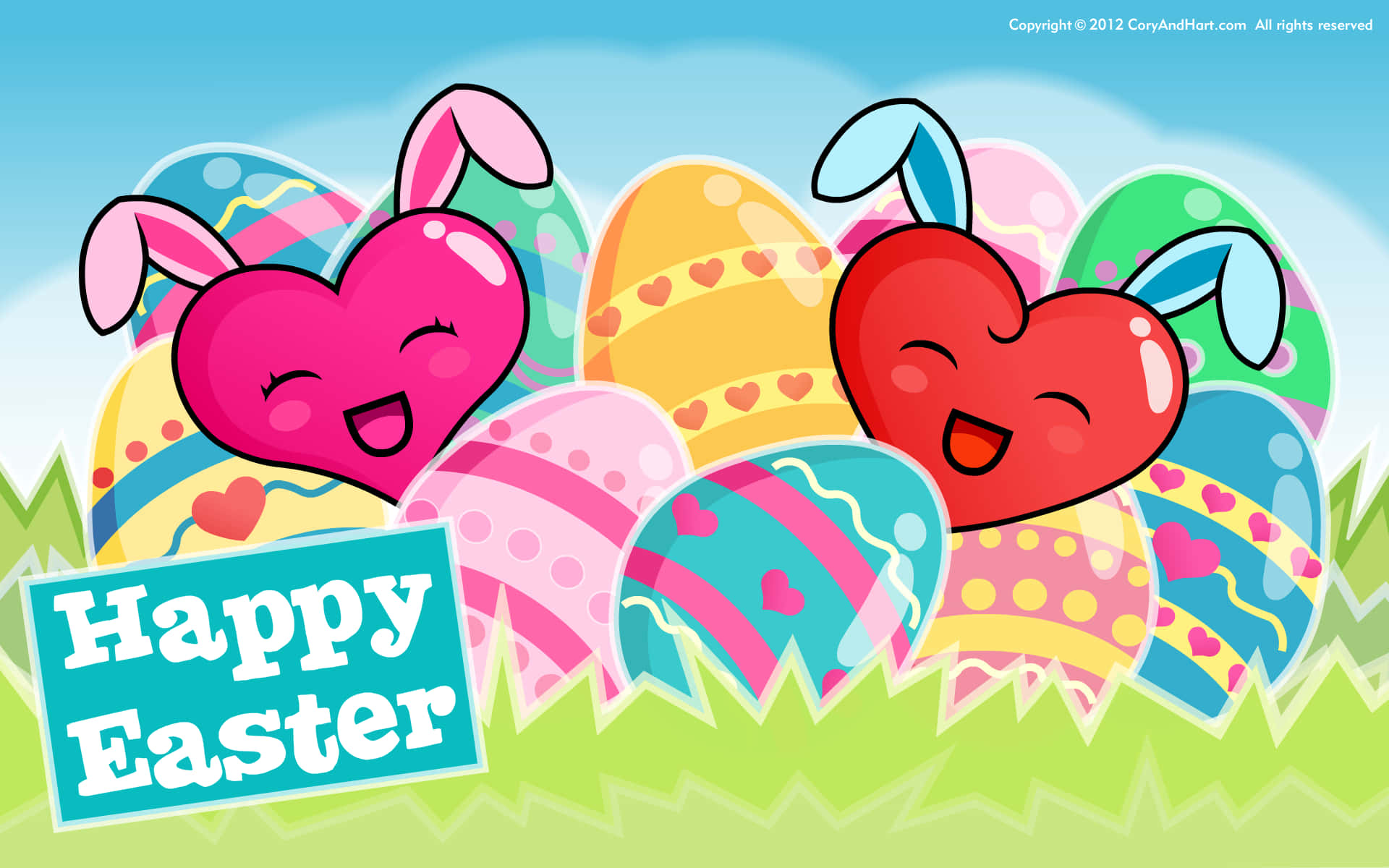 cute happy easter, heart-shaped bunnies, bunny ears, Full HD Desktop Wallpaper