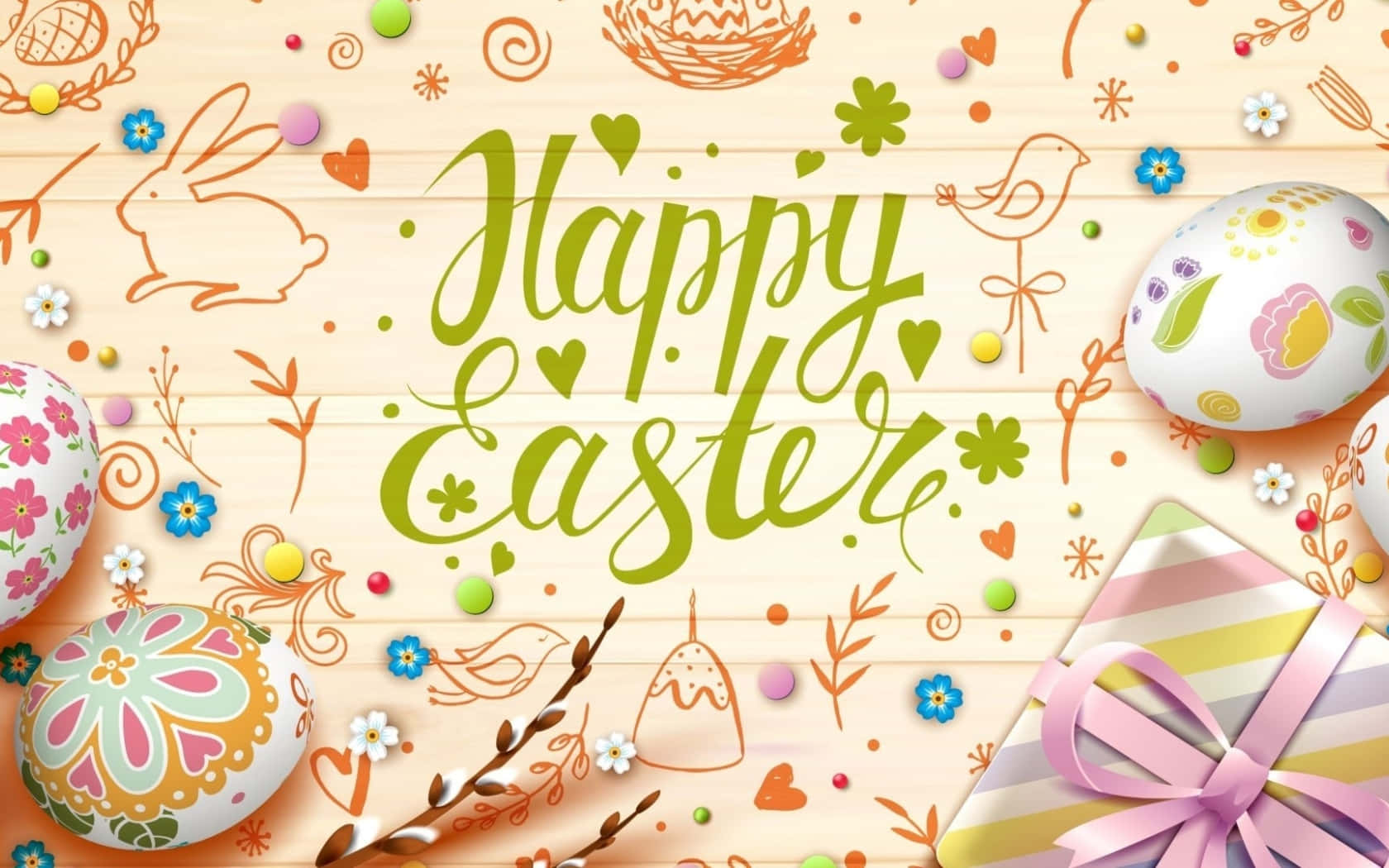 Cute Happy Easter, colorful decorated eggs, birds, HD Desktop Wallpaper