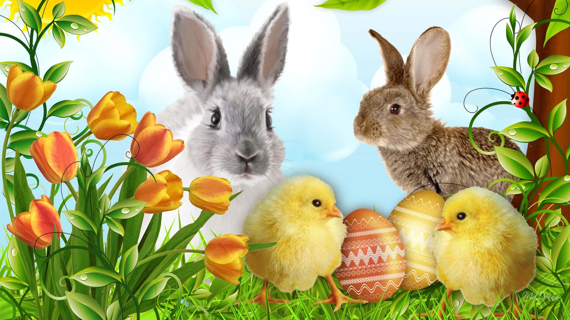 Cute Happy Easter, rabbits, chicks, Full HD Desktop Wallpaper