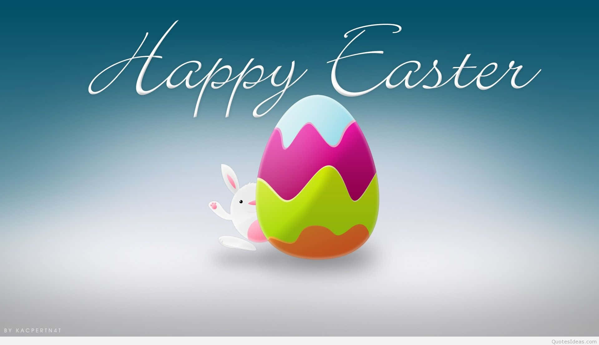 Cute Happy Easter, pink green and orange waves, white bunny, Full HD Desktop Wallpaper