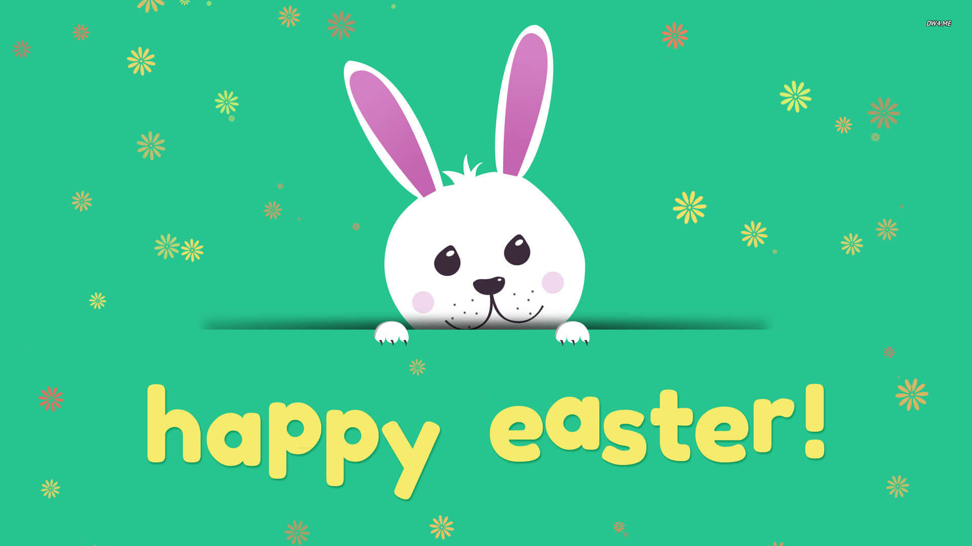 cute white cartoon bunny, pink inner ears, green surface, Full HD Desktop Wallpaper