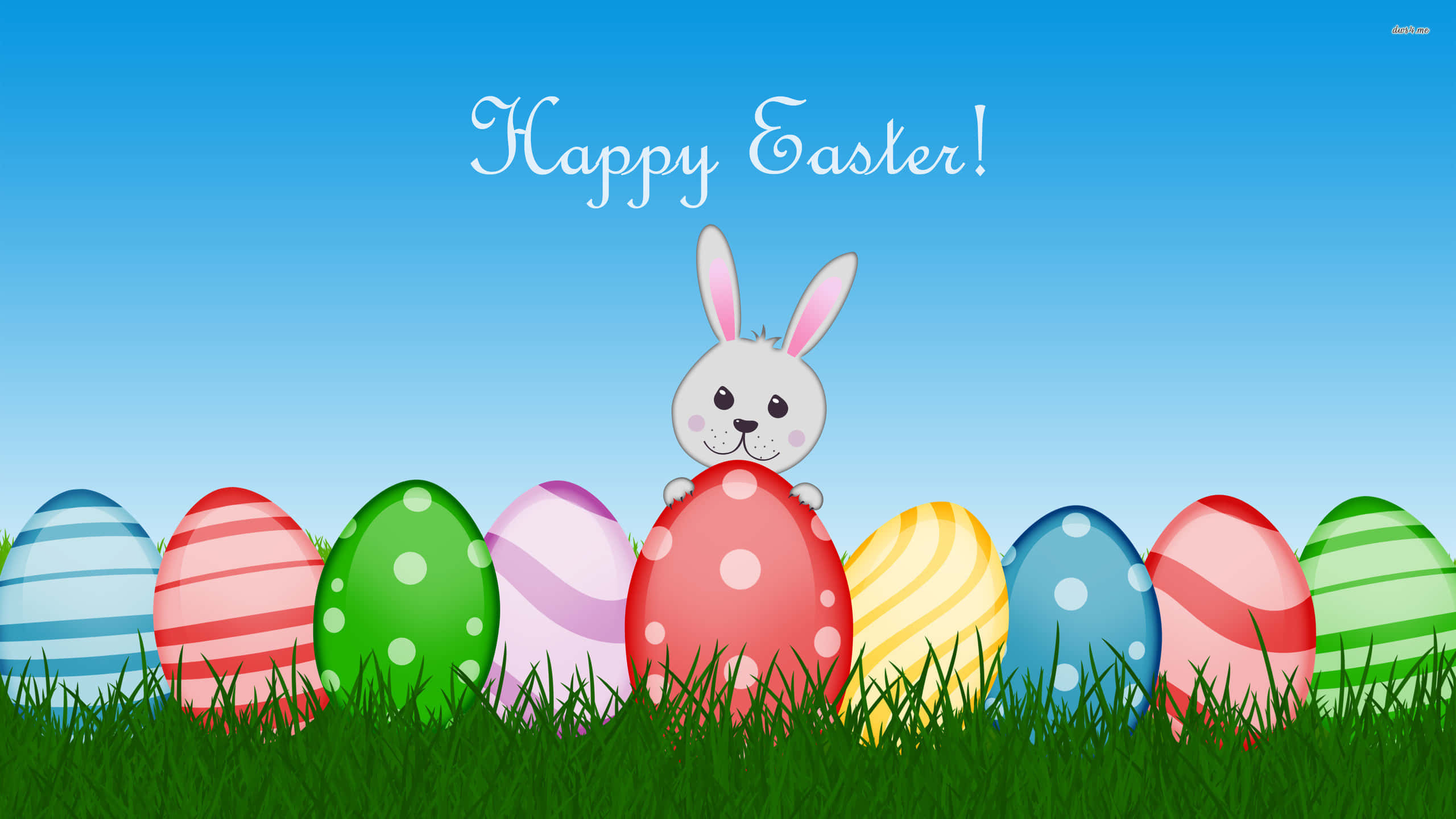 cartoon bunny, colorful Easter eggs, vibrant green grass, 2K Desktop Wallpaper