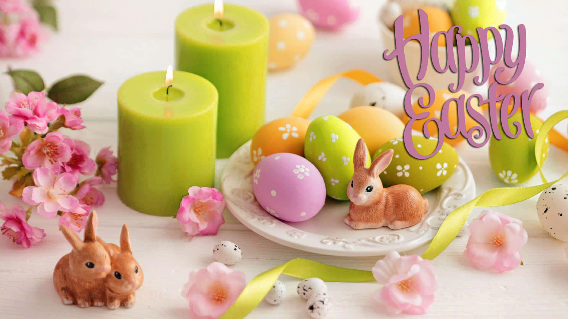 Happy Easter, painted eggs, candles, Full HD Desktop Wallpaper
