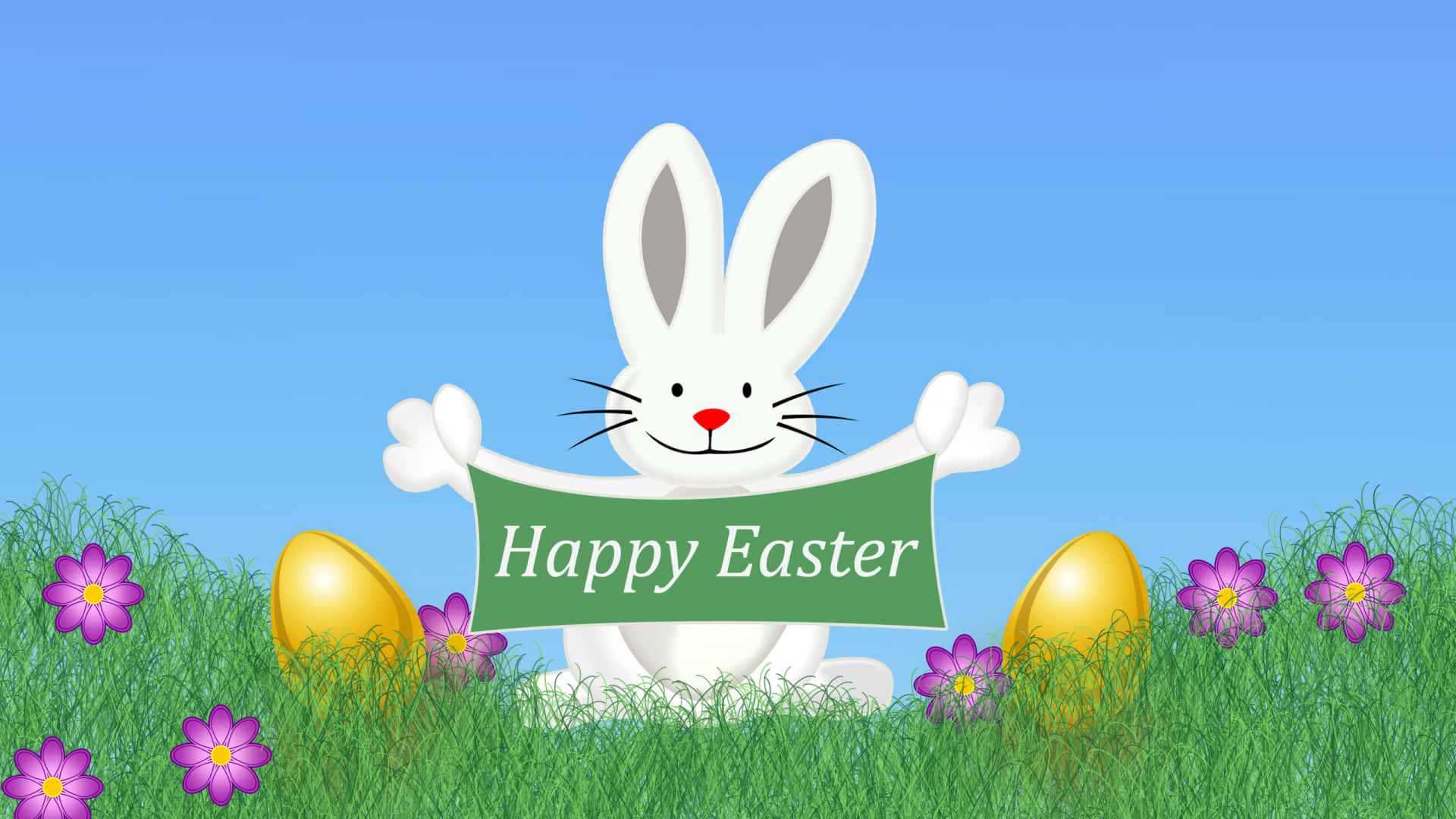 white Easter bunny, green banner, Happy Easter, Full HD Desktop Wallpaper
