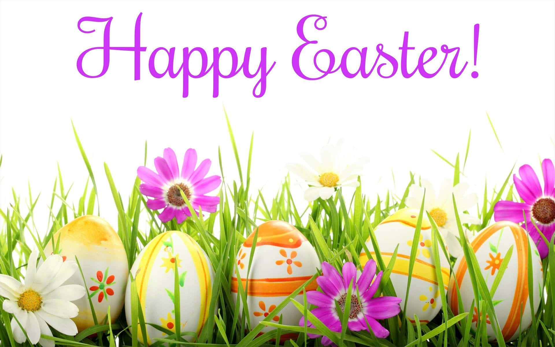 Cute Happy Easter, colorful decorated Easter eggs, vibrant green grass, Full HD Desktop Wallpaper