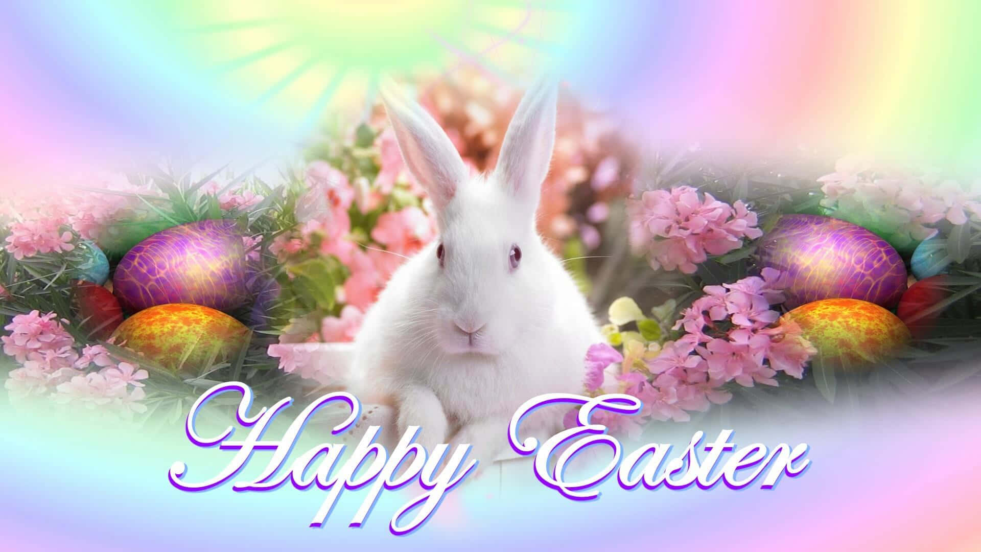 Cute Happy Easter, white Easter bunny, colorful eggs, Full HD Desktop Wallpaper