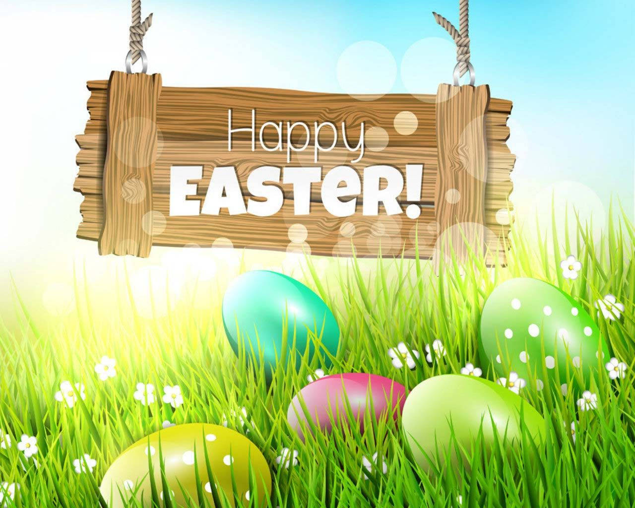 Happy Easter, wooden sign, colorful eggs, HD Desktop Wallpaper