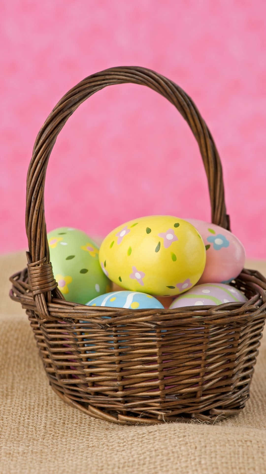 wicker basket, colorful hand-painted Easter eggs, burlap, Full HD Phone Wallpaper