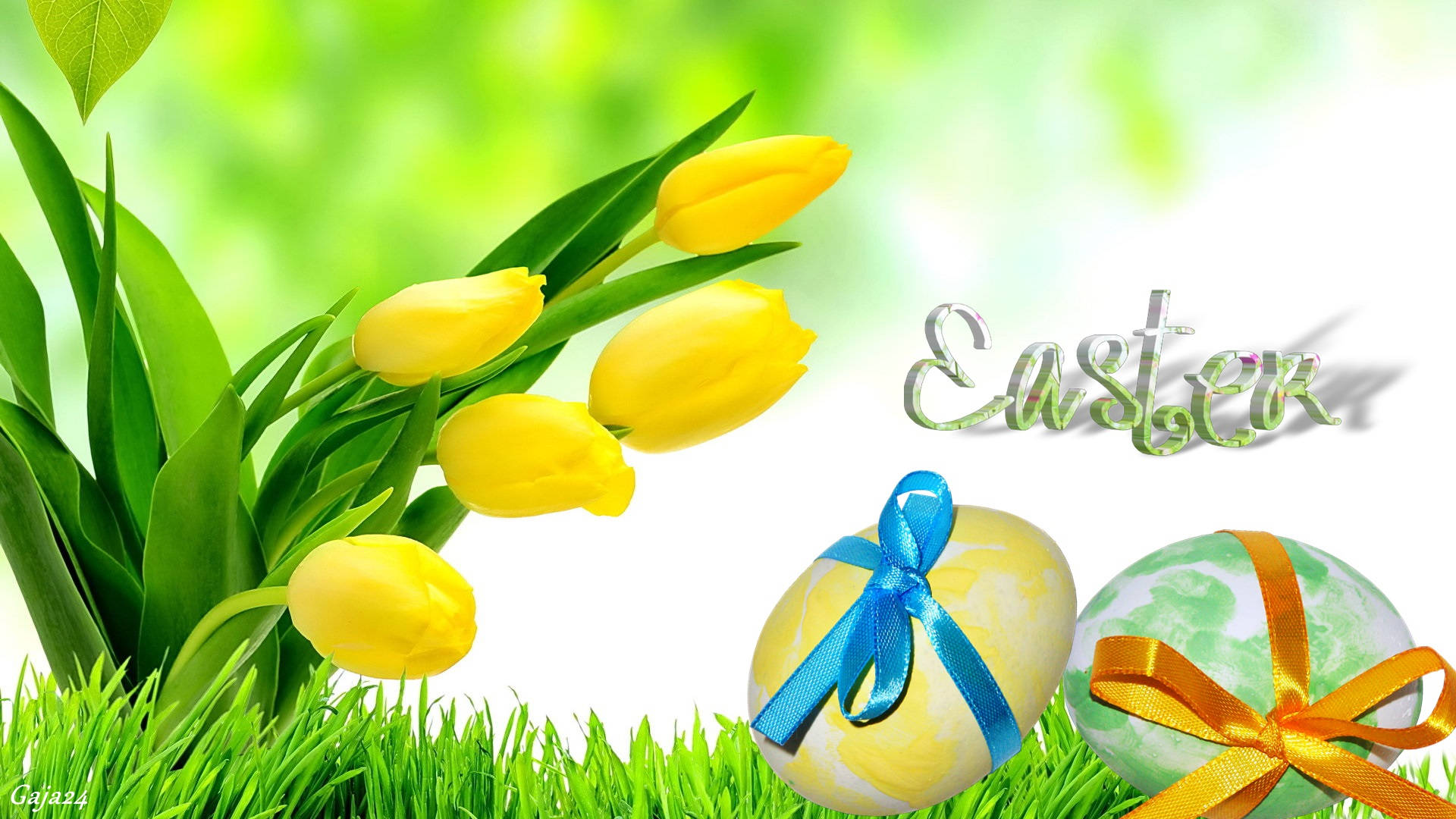 Vibrant yellow tulips, Decorated Easter eggs, Lush green grass, Full HD Desktop Wallpaper