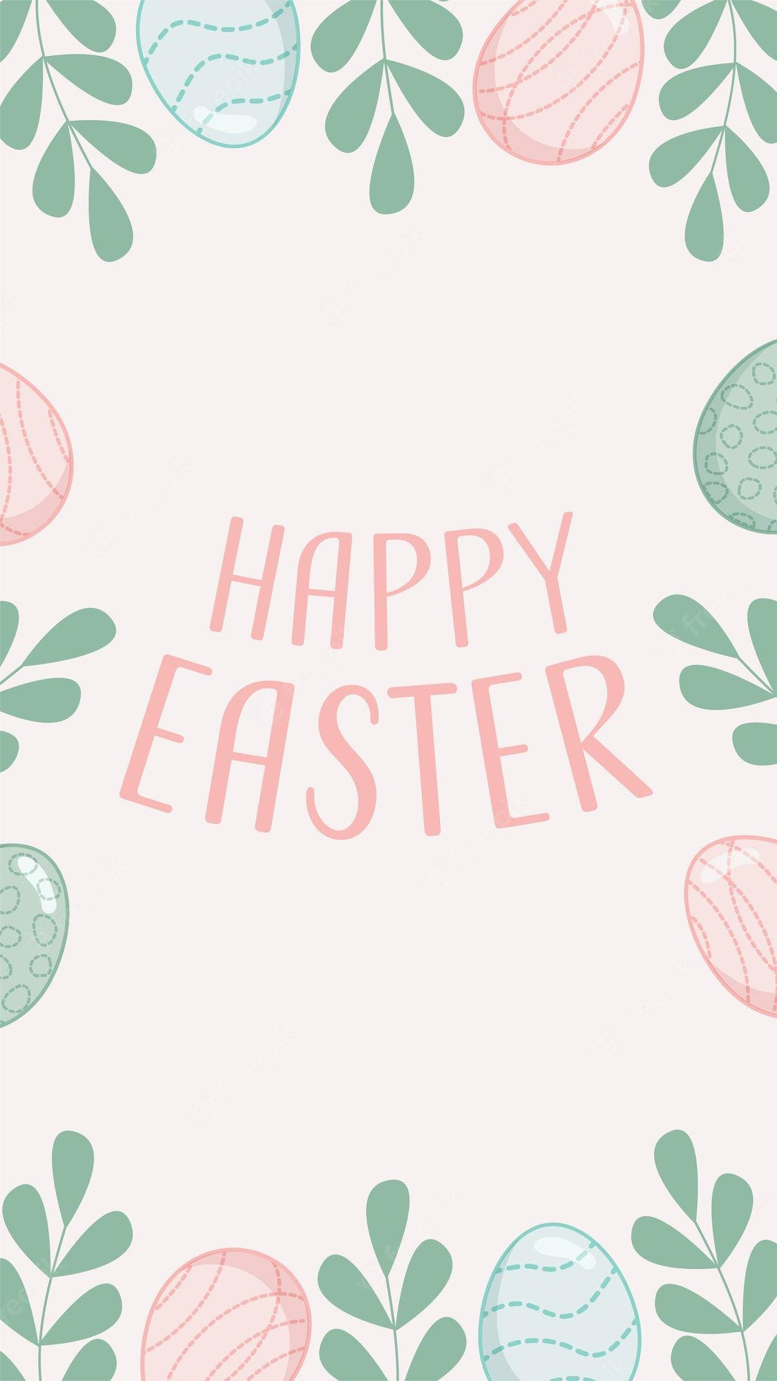 Happy Easter, pastel Easter eggs, green leaves, Full HD Phone Wallpaper