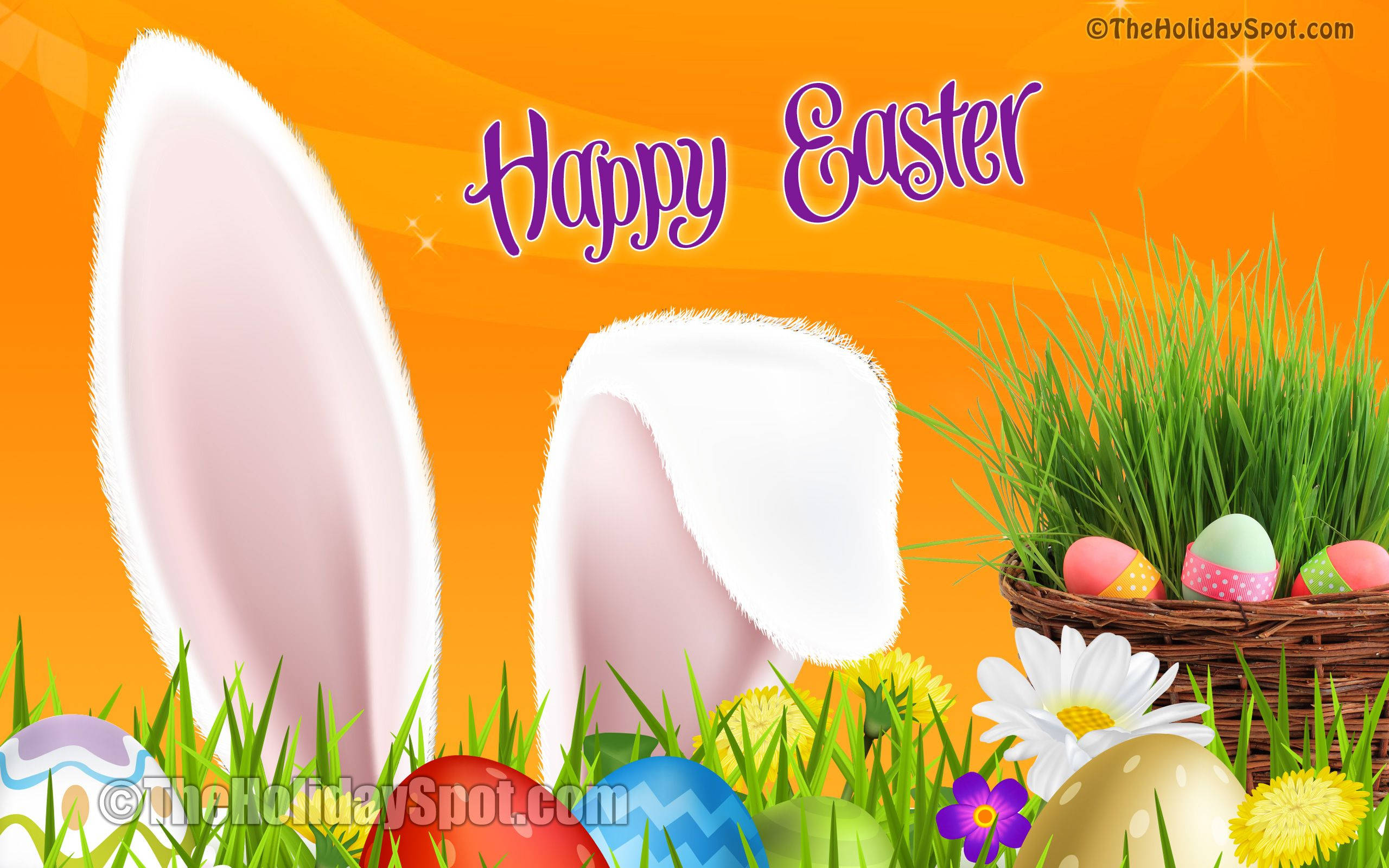pink bunny ears, vibrant green grass, basket of colorful Easter eggs, 2K Desktop Wallpaper