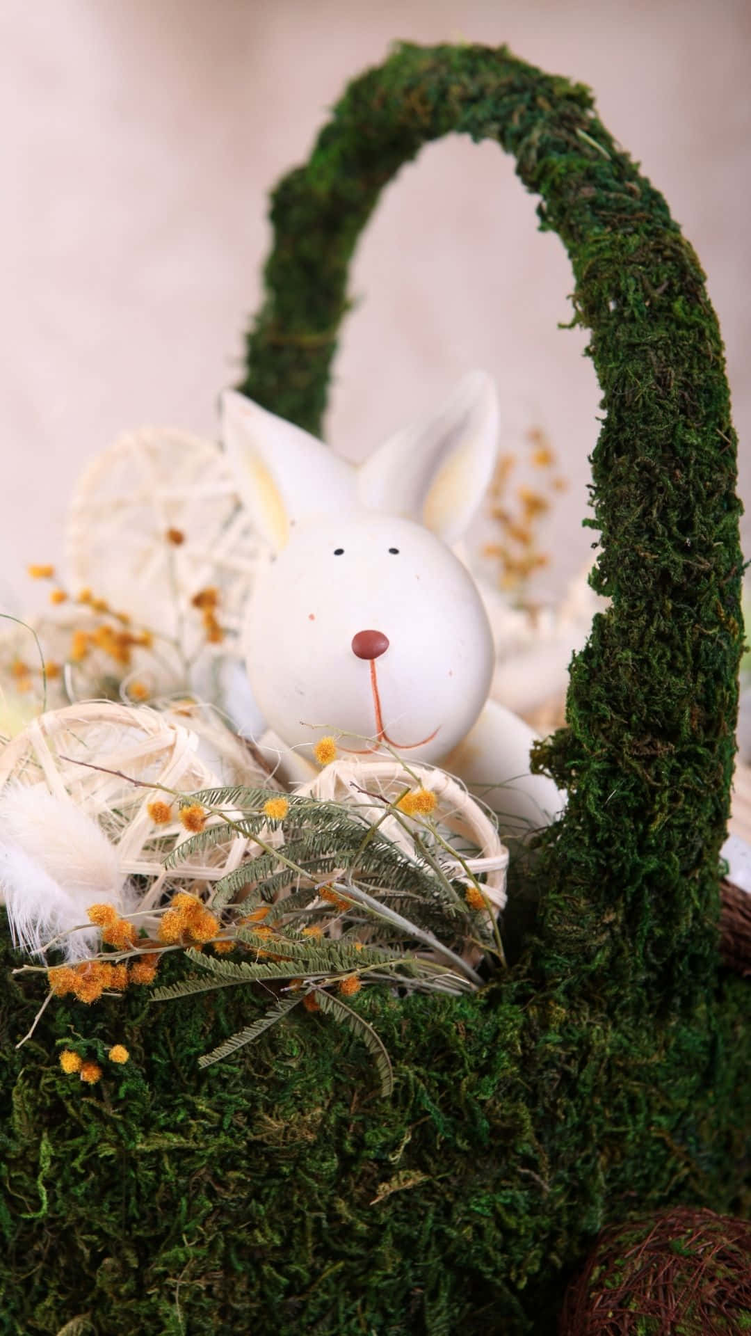 white ceramic bunny, moss-covered basket, dried grasses, Full HD Phone Wallpaper
