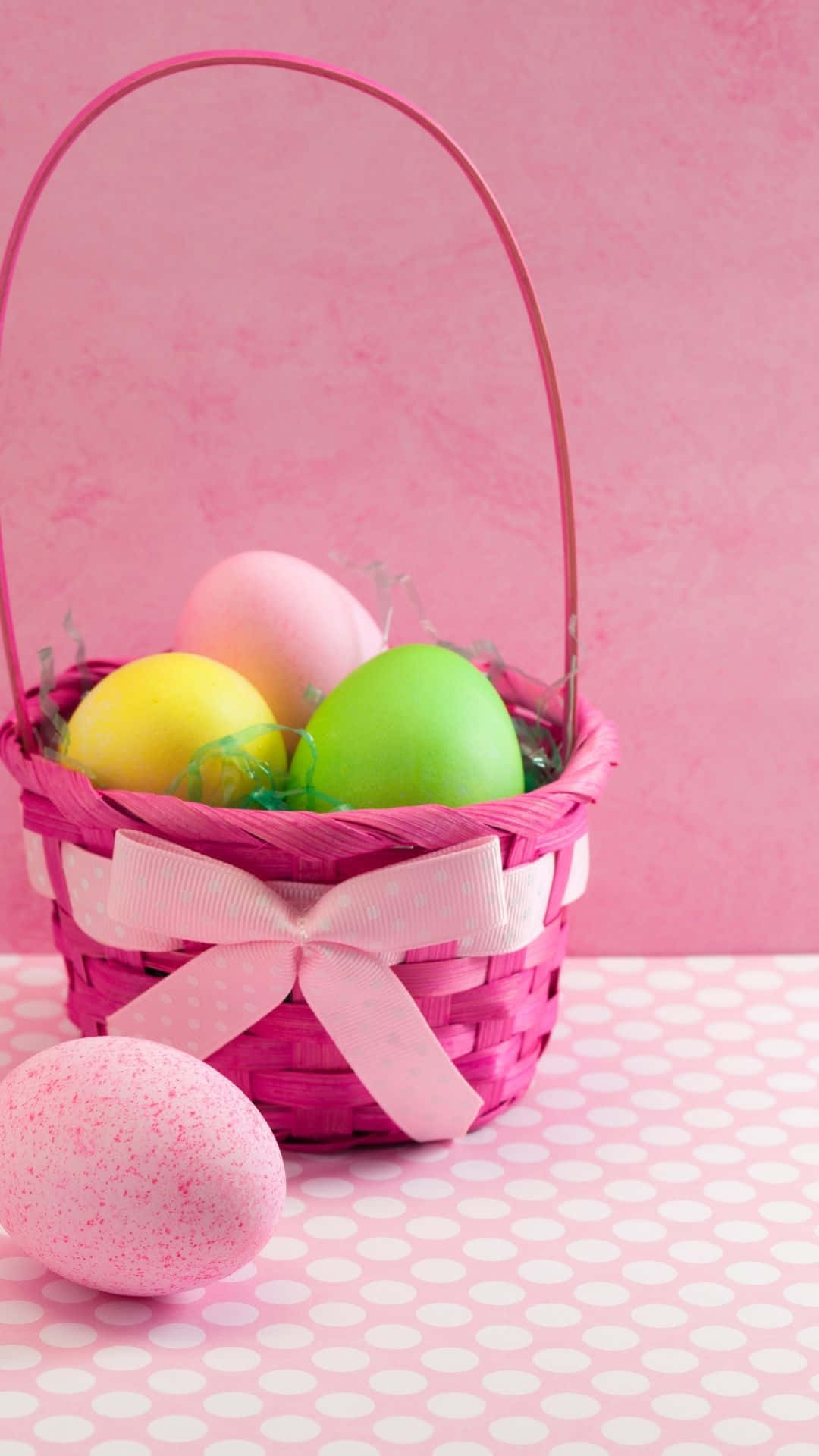 Easter basket, pink woven basket, ribbon, Full HD Phone Wallpaper