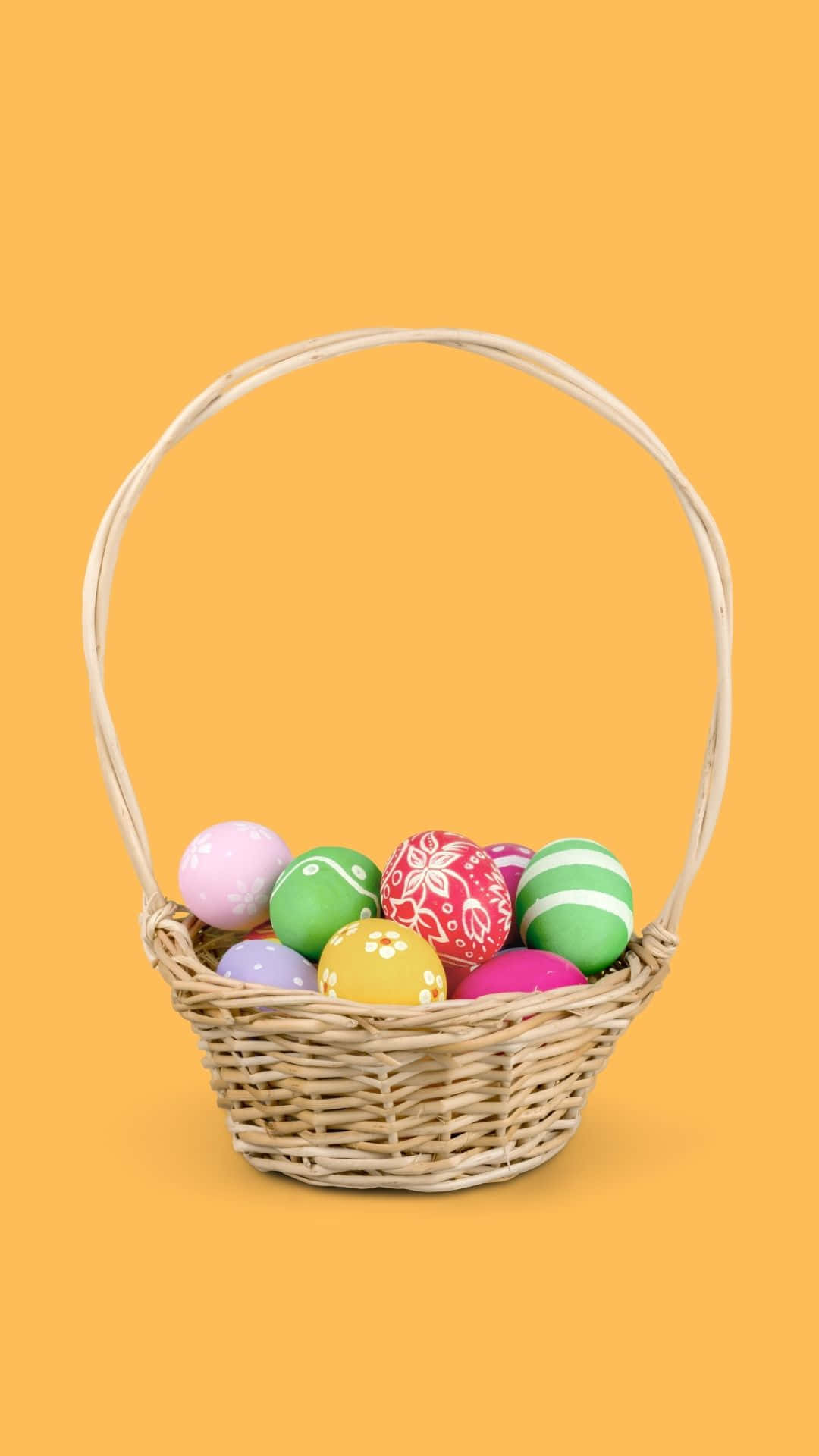 Easter basket, woven basket, vibrantly painted Easter eggs, Full HD Phone Wallpaper