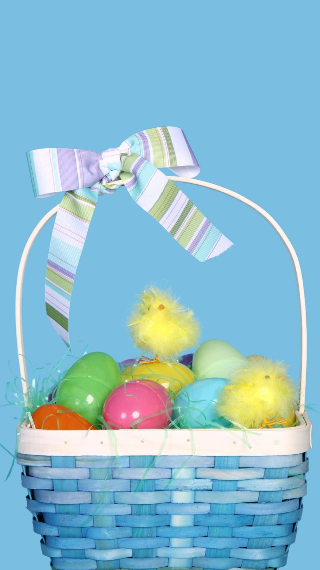 Easter Basket, blue woven Easter basket, colorful eggs, Full HD Phone Wallpaper