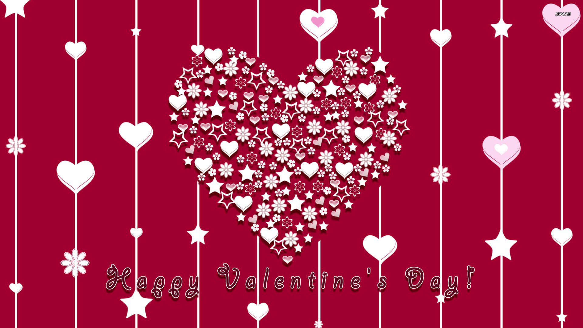 Cute Happy Valentine Day, heart made of smaller hearts and stars, deep red background, Full HD Desktop Wallpaper