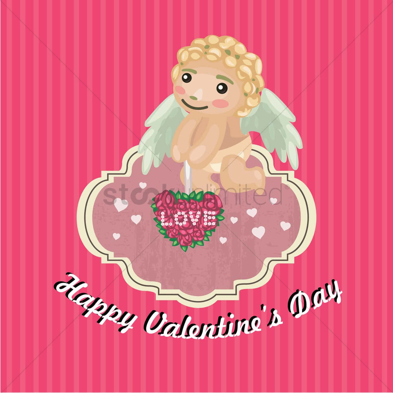 cupid, pink heart-shaped frame, rose bouquet, HD Desktop Wallpaper