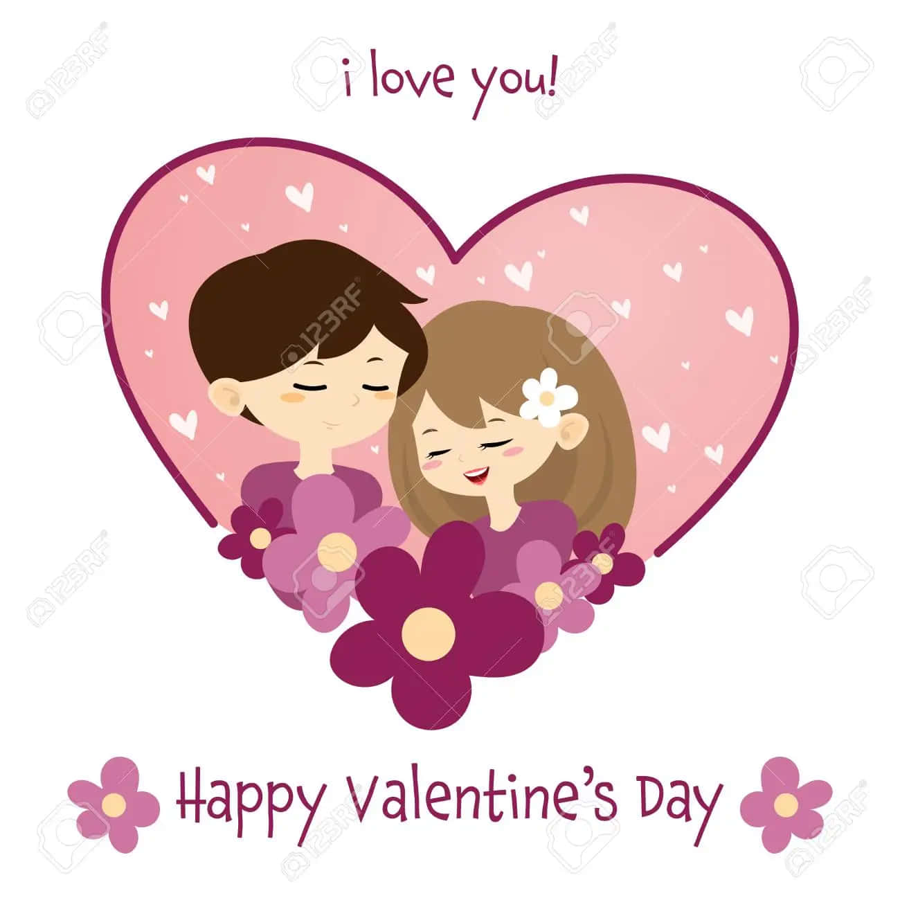 cute cartoon couple, pink heart, flowers, HD Desktop Wallpaper