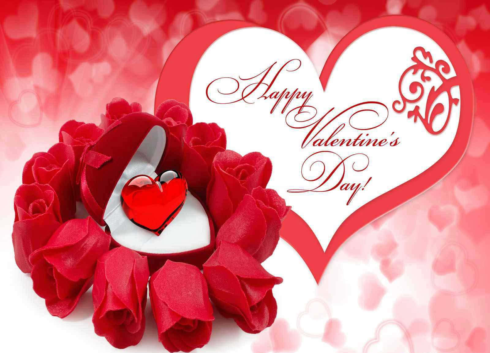 red heart-shaped box, roses, shiny red heart gem, HD Desktop Wallpaper