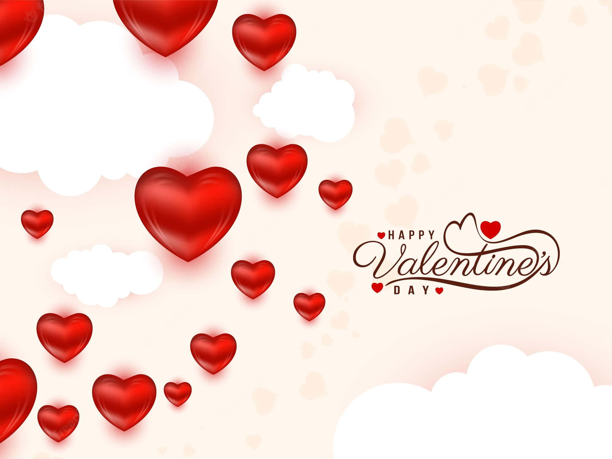 Cute Happy Valentine Day, shiny red hearts, fluffy white clouds, Full HD Desktop Wallpaper