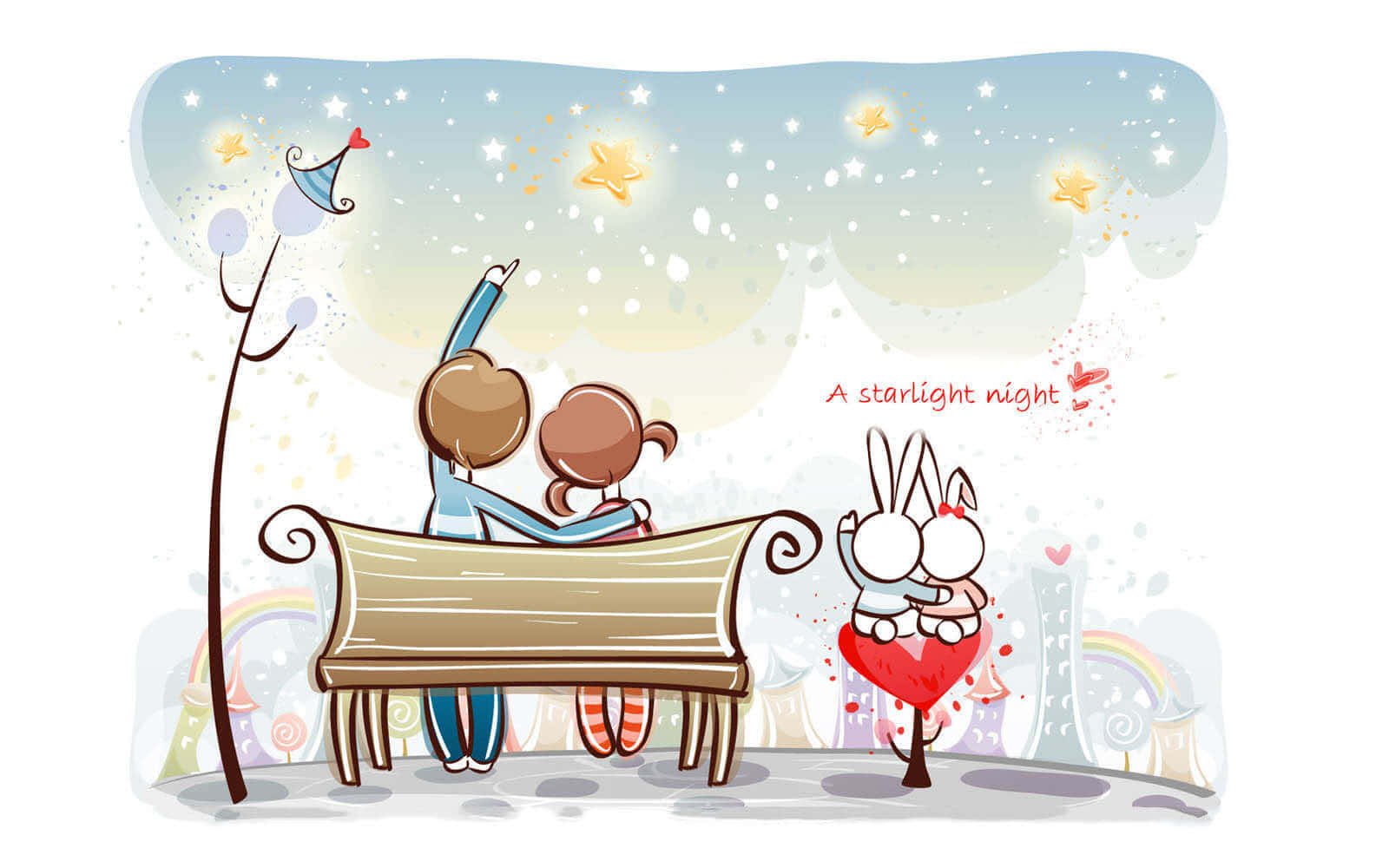 cartoon couple, bench, starry sky, HD Desktop Wallpaper