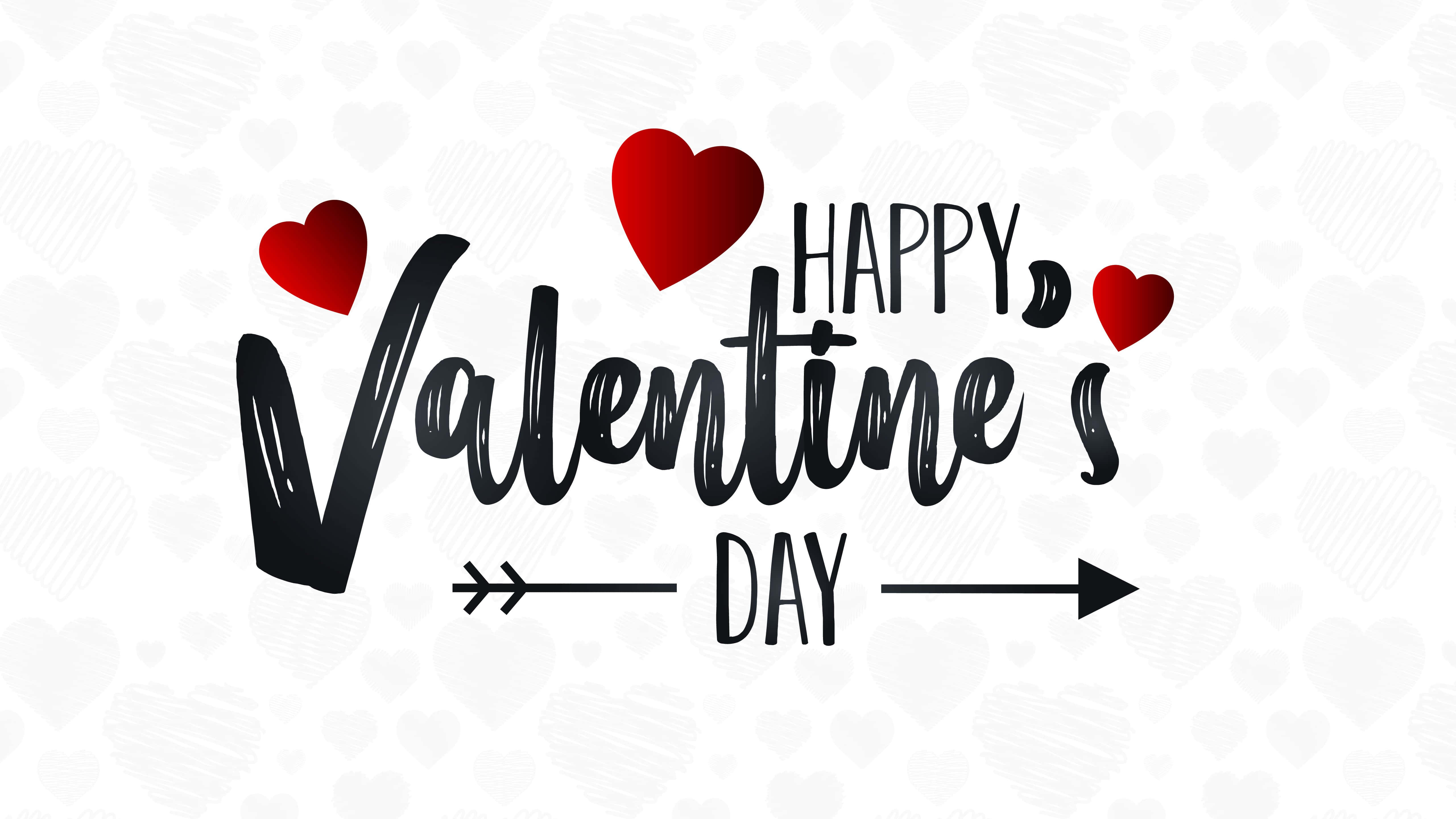 Cute Happy Valentine Day, bold black script, red hearts, 5K Desktop Wallpaper