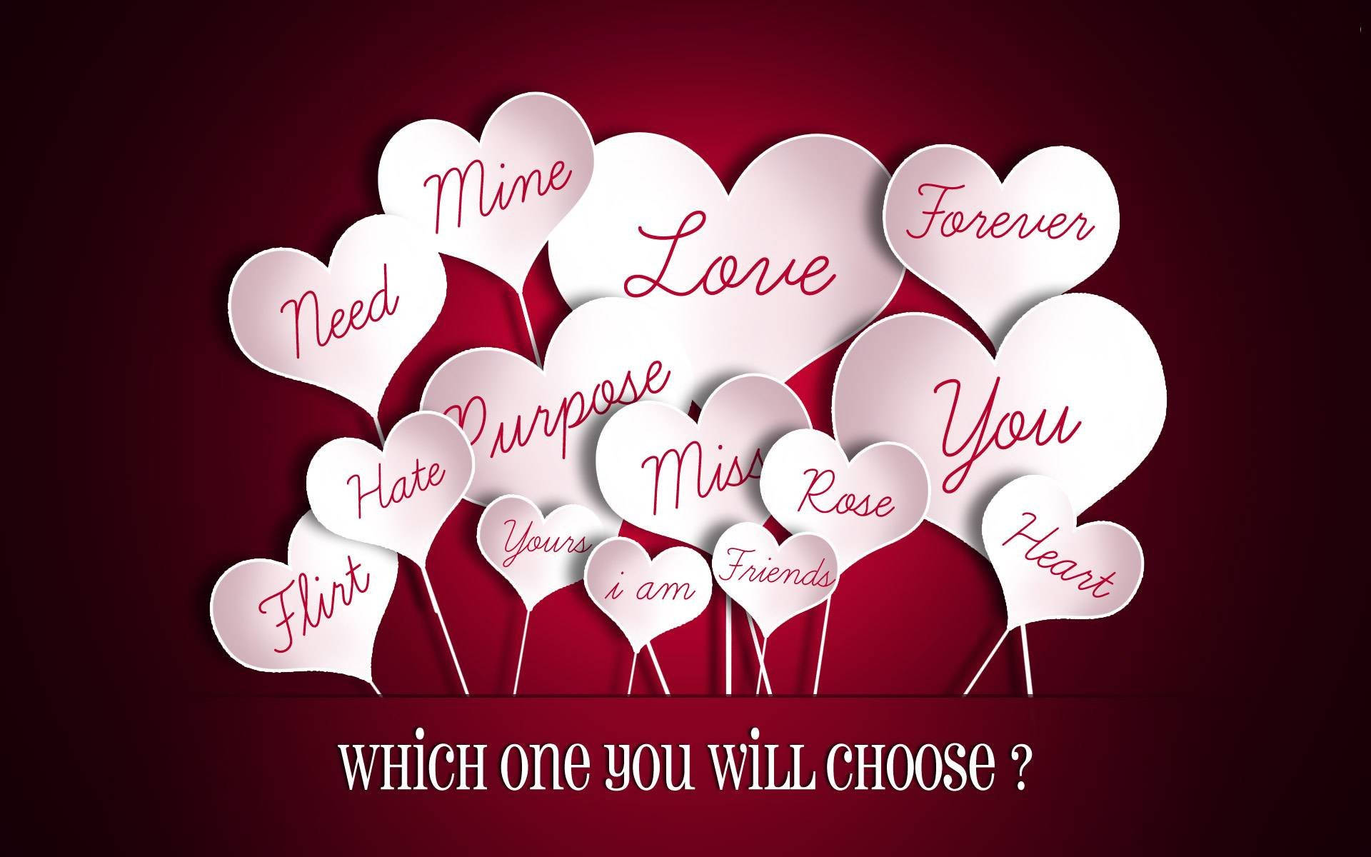 White paper hearts, romantic words, deep red background, Full HD Desktop Wallpaper