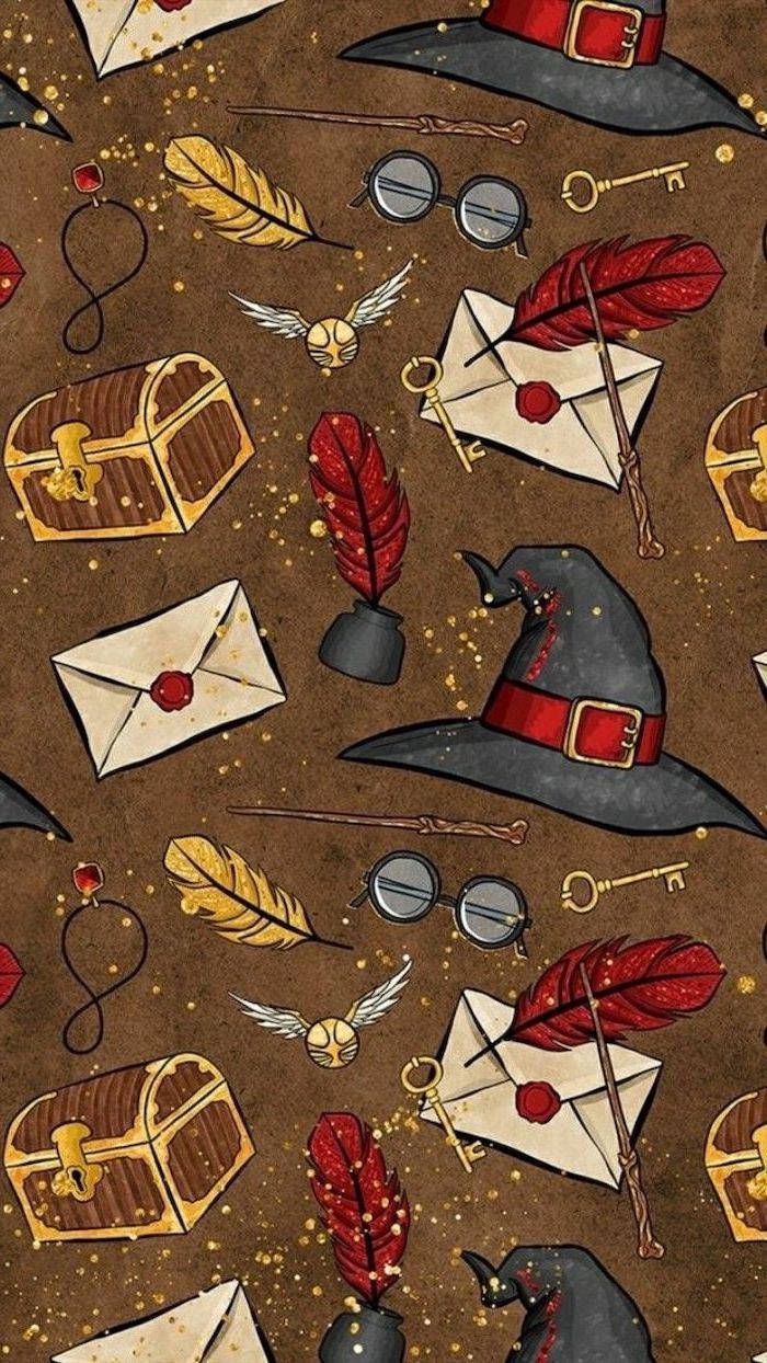 Cute Harry Potter, brown background, wizarding items, SD Phone Wallpaper