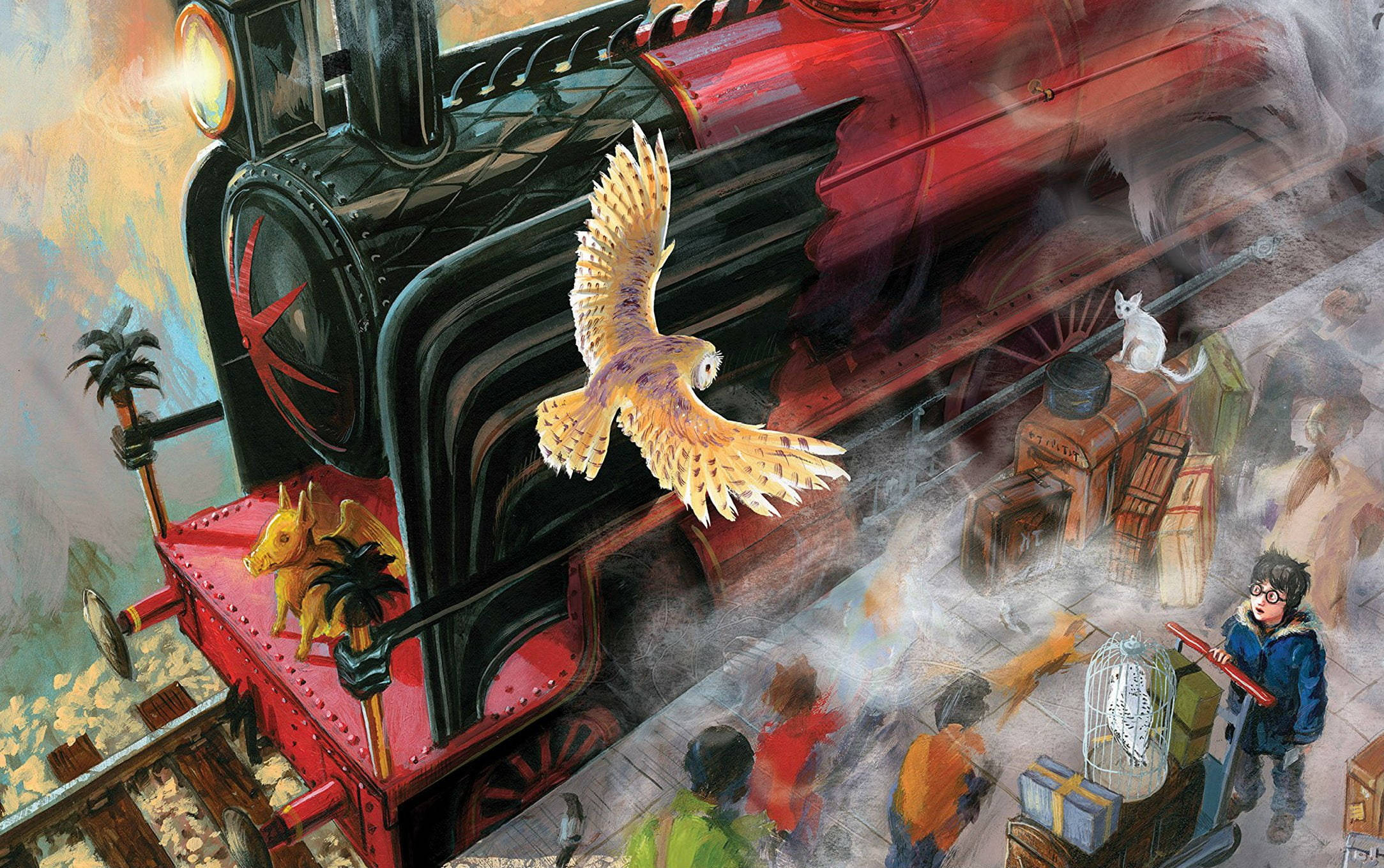 Harry Potter, illustrated edition, red steam train, Full HD Desktop Wallpaper