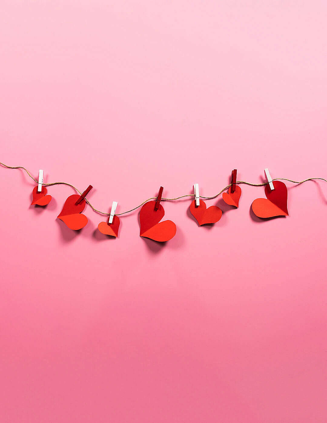 red paper hearts, twine, soft pink background, HD Phone Wallpaper