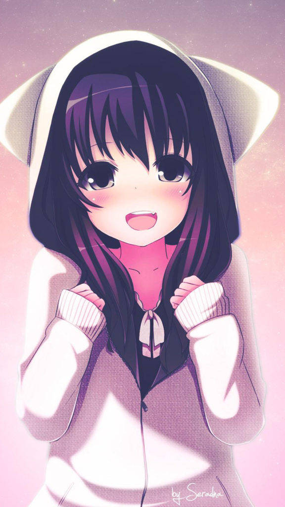 anime girl, dark hair, cat ears, SD Phone Wallpaper