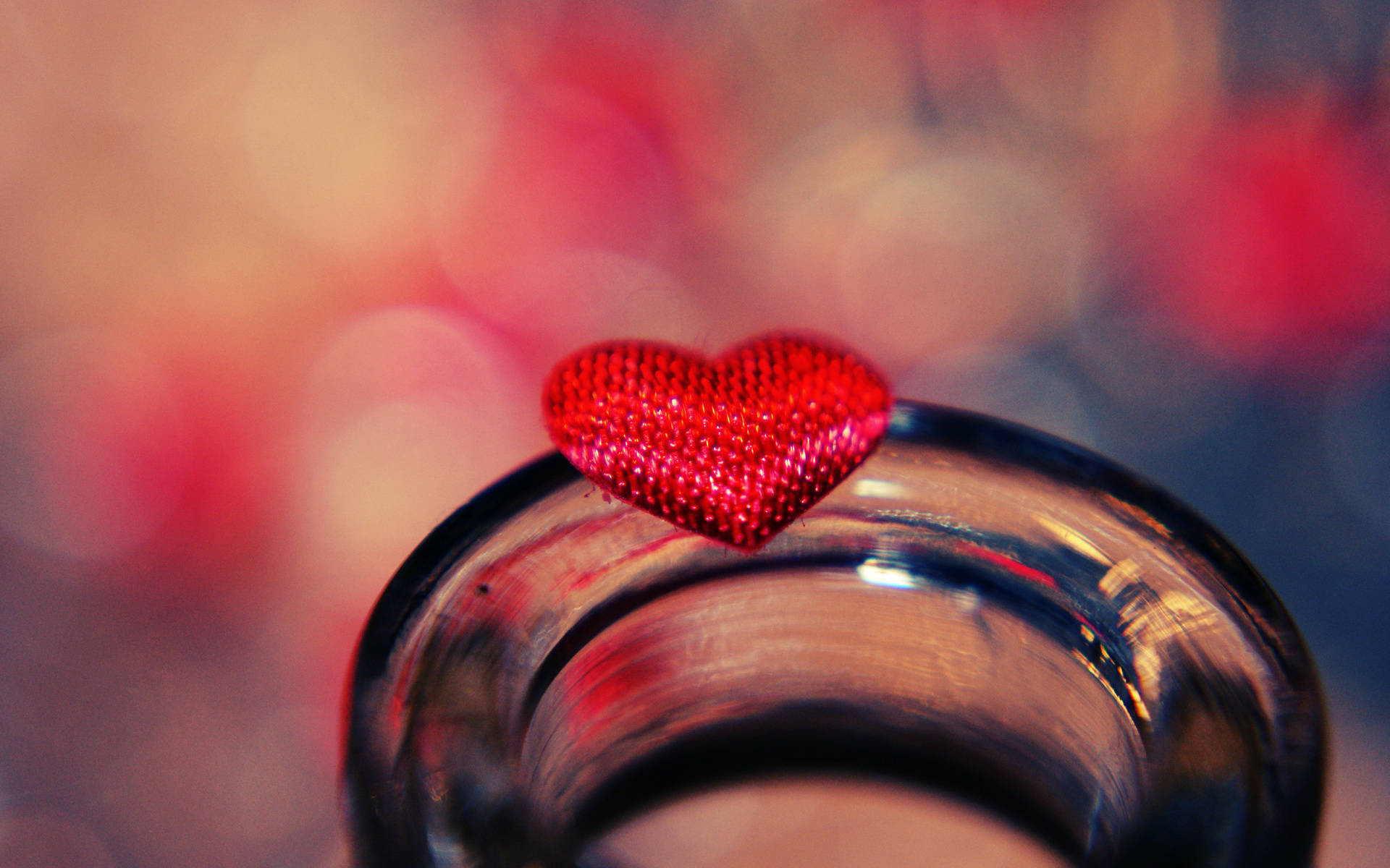 cute heart, red heart-shaped ornament, curved glass surface, Full HD Desktop Wallpaper
