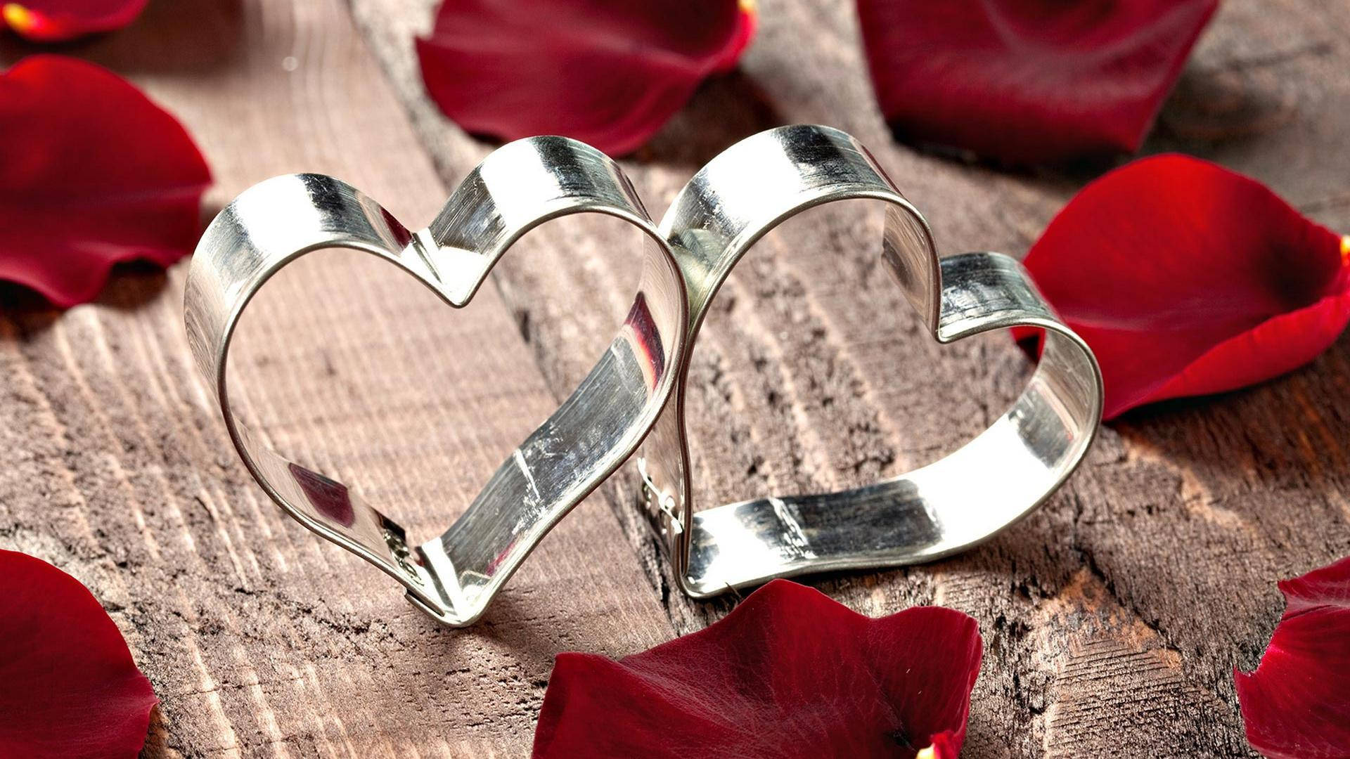shiny silver, heart-shaped cookie cutters, deep red rose petals, Full HD Desktop Wallpaper