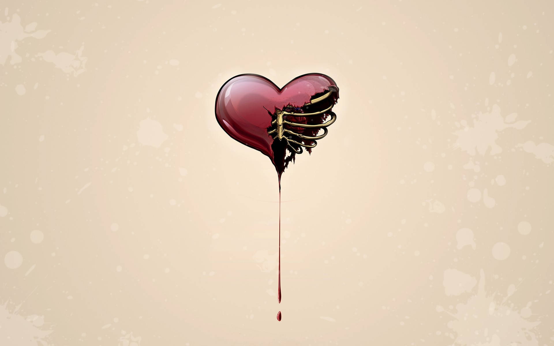 glossy red heart, golden skeleton, blood, Full HD Desktop Wallpaper