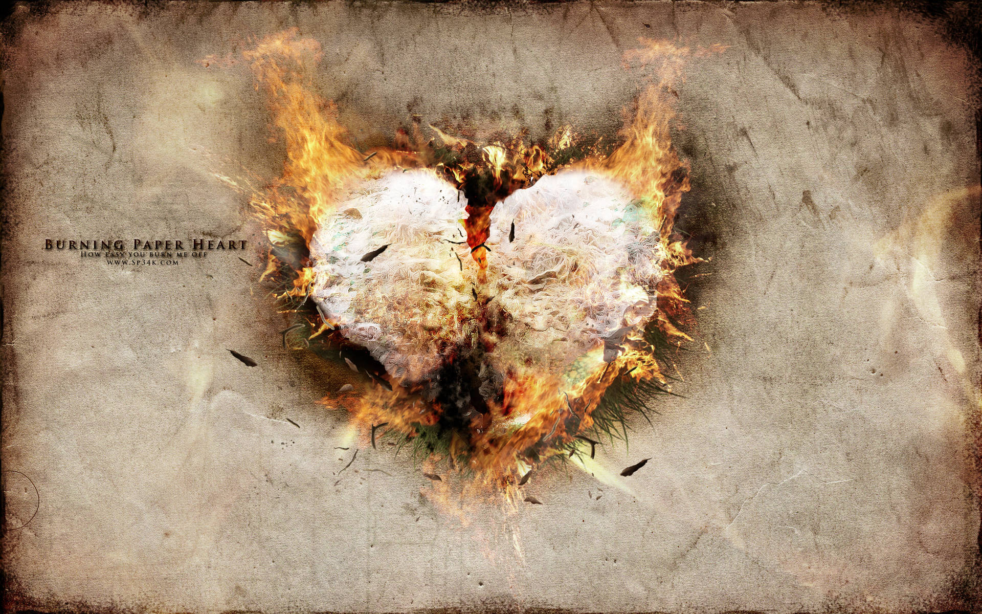 cute paper heart, orange flames, textured gray background, Full HD Desktop Wallpaper
