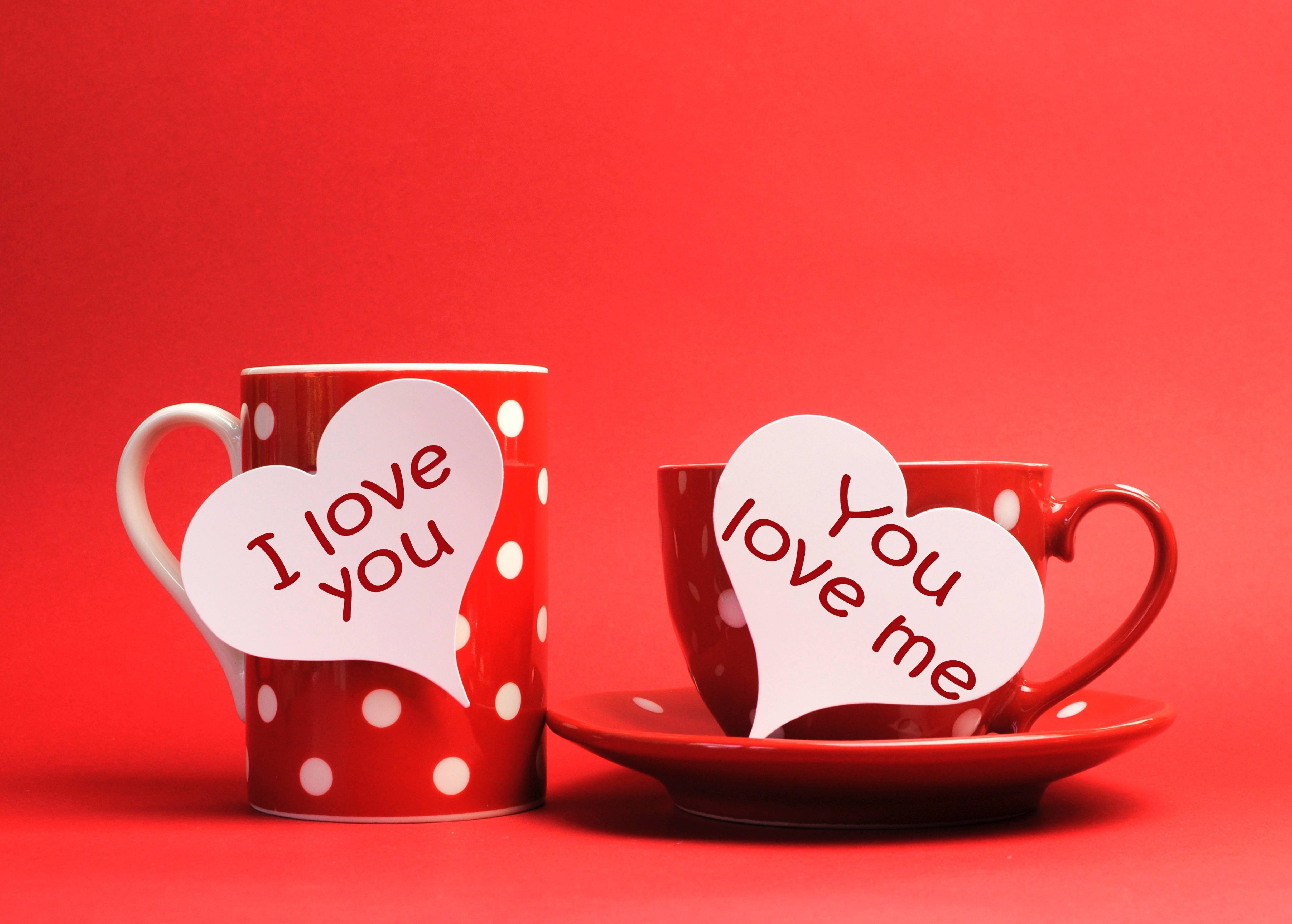 red polka dot mugs, heart-shaped notes, I love you, 4K Desktop Wallpaper