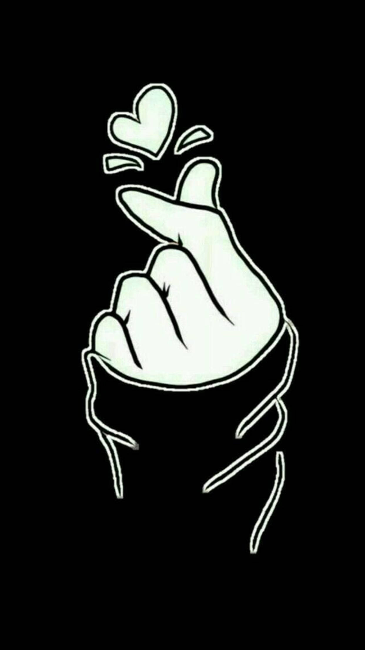 black saranghae finger heart, glowing white hand, heart gesture, Full HD Phone Wallpaper