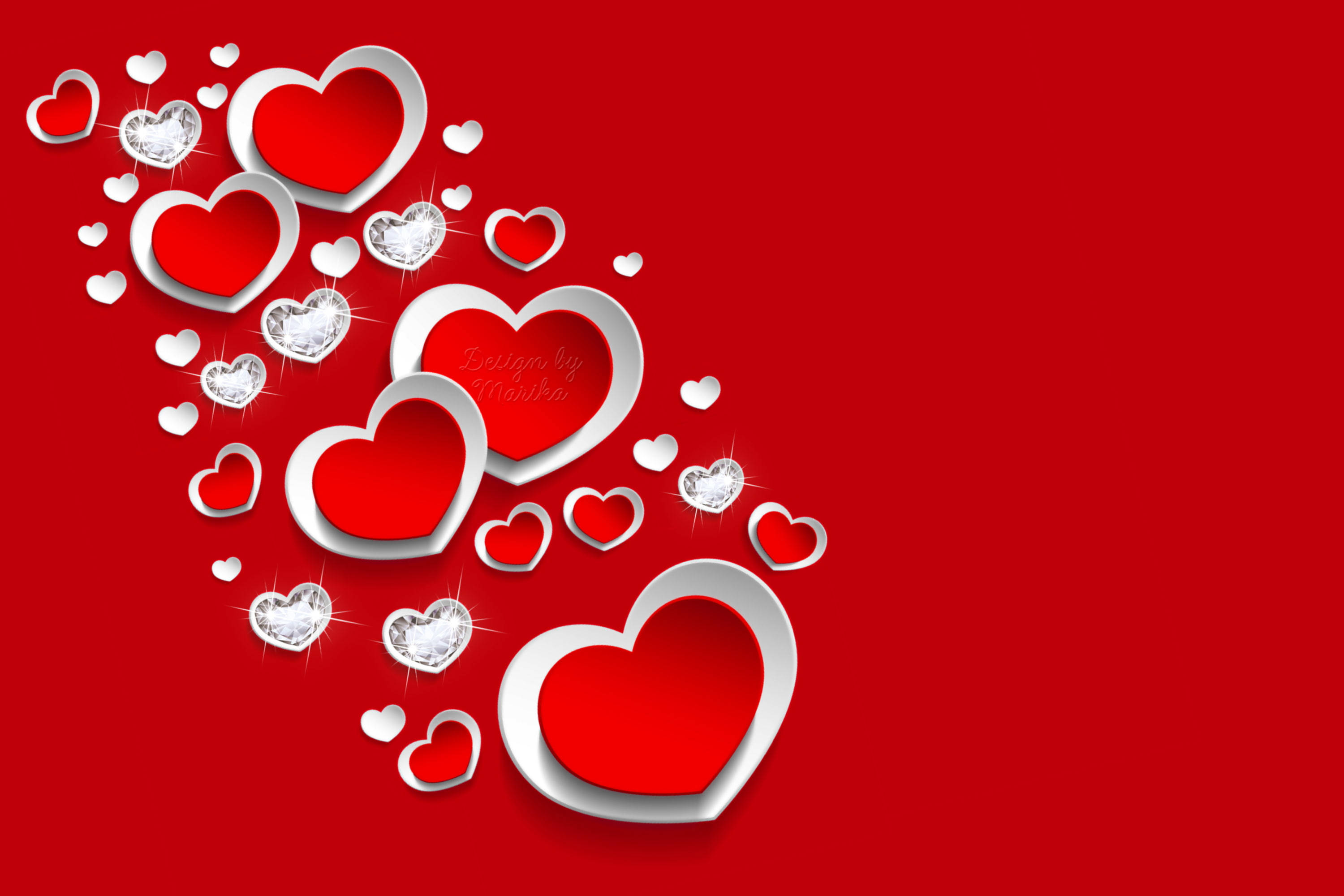 vibrant red background, floating red hearts, sparkling diamond hearts, 2K Desktop Wallpaper