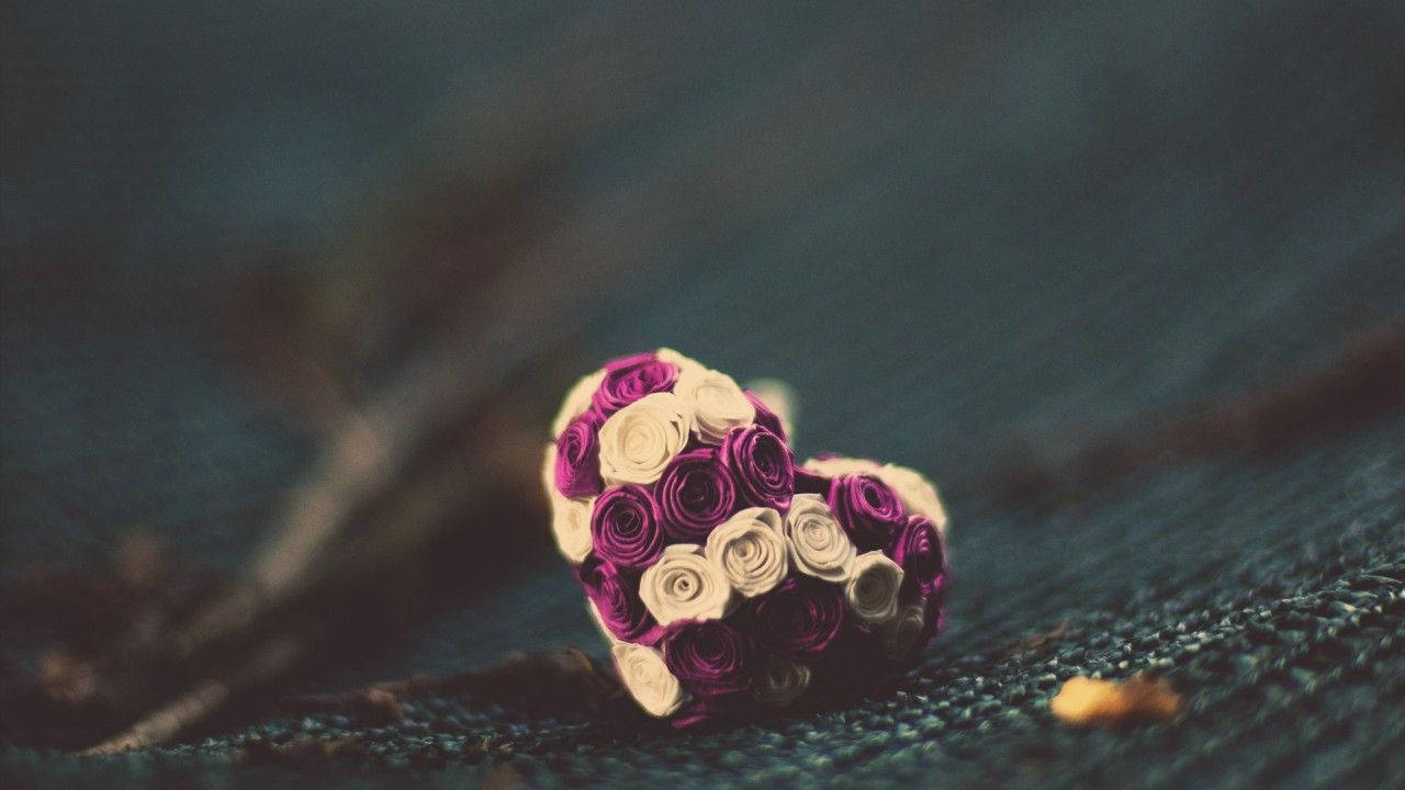 cute heart, purple and white paper roses, heart-shaped bouquet, HD Desktop Wallpaper
