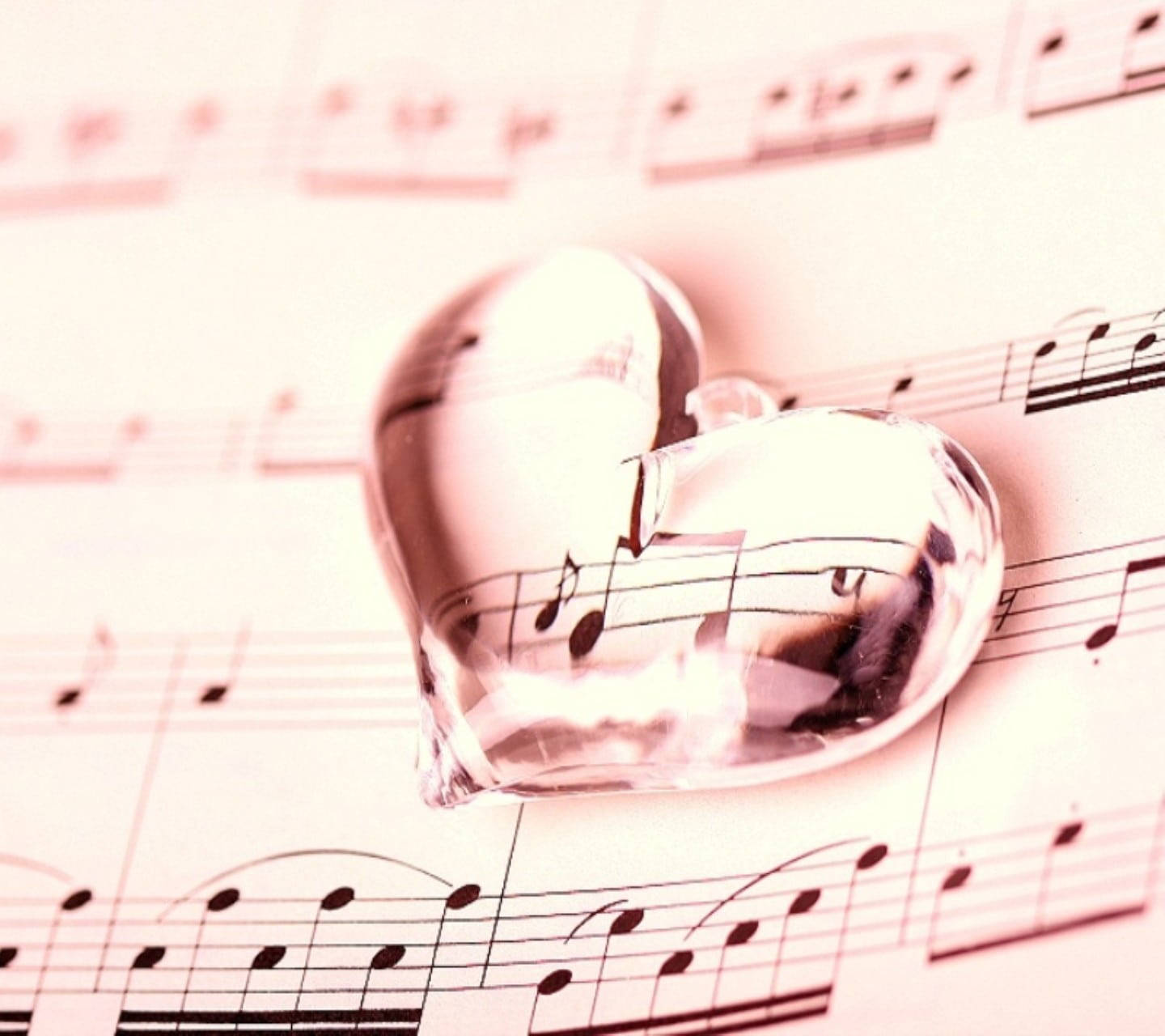 clear glass heart, sepia-toned sheet music, soft light, HD Desktop Wallpaper