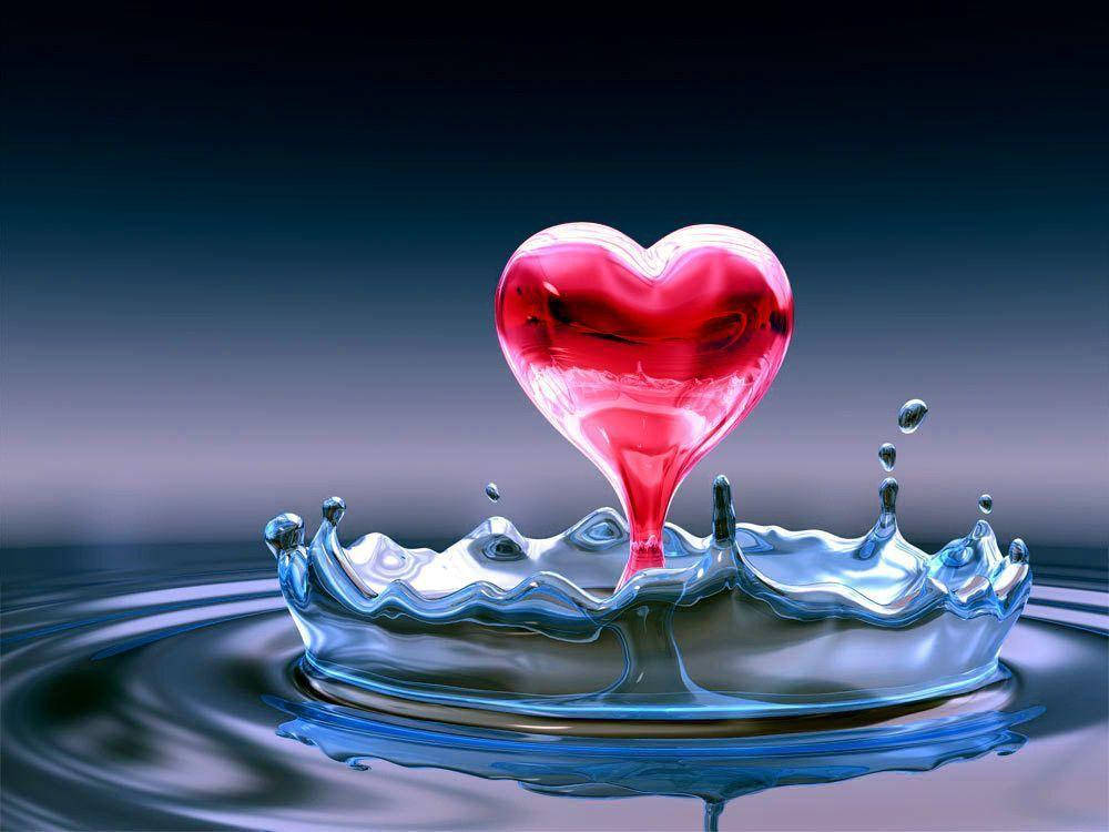 glowing red heart-shaped droplet, crown of splashing blue water, ripples expanding outward, SD Desktop Wallpaper