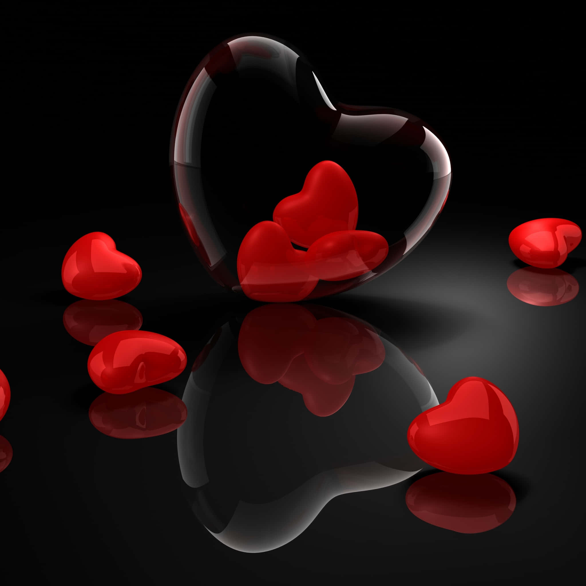 Cute Hearts, glossy red hearts, reflective black surface, Full HD Desktop Wallpaper