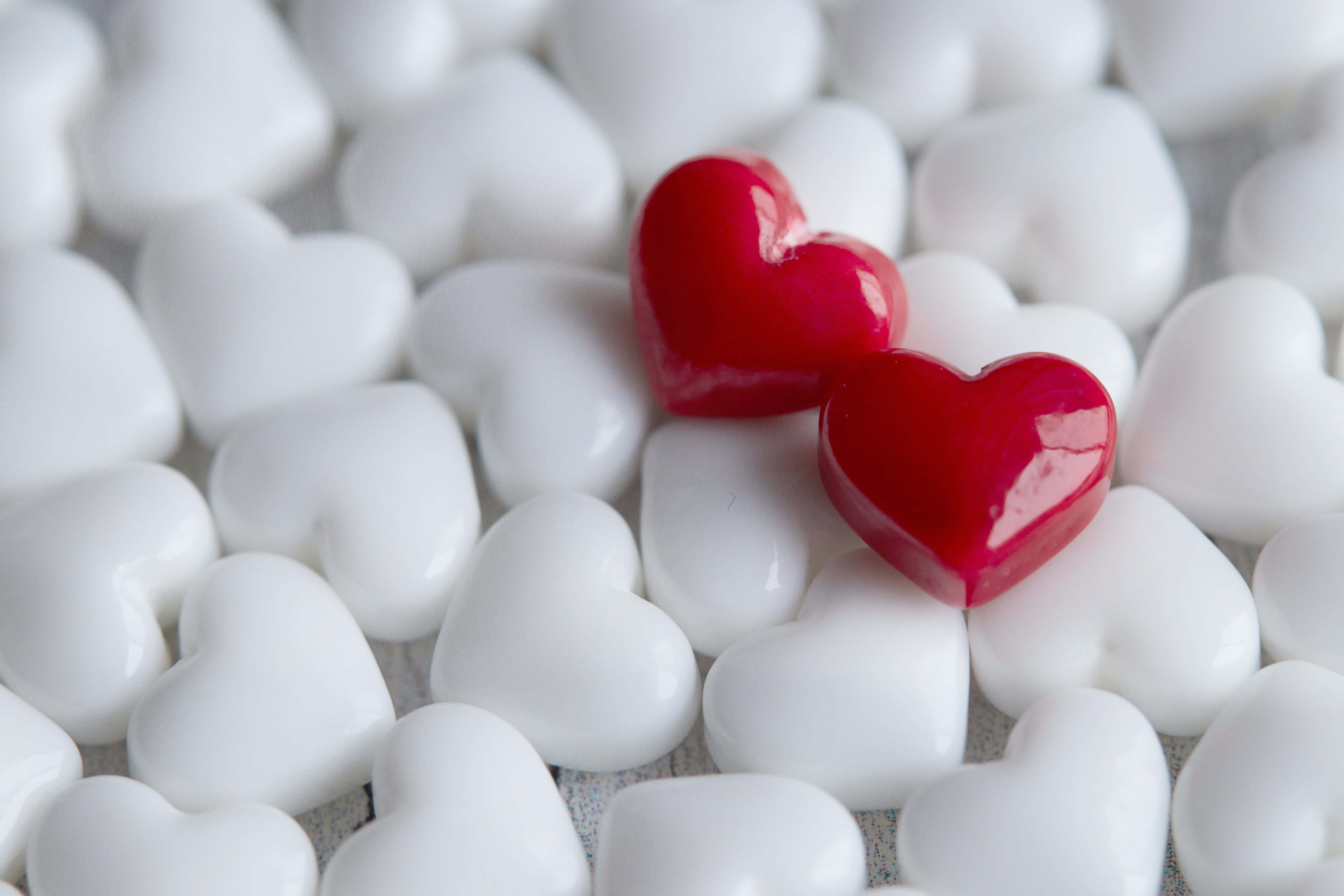 cute hearts, glossy red heart candies, white heart-shaped candies, 5K Desktop Wallpaper