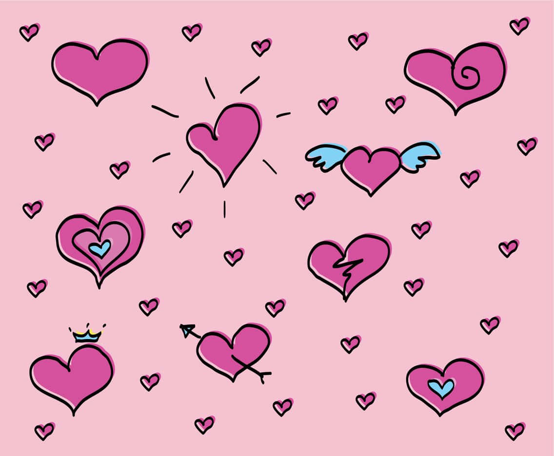 cute hearts, pink background, cartoon hearts, SD Desktop Wallpaper