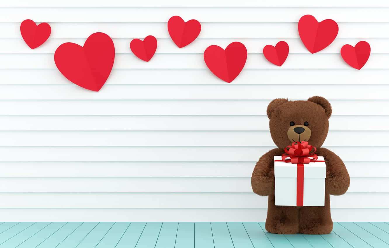 brown teddy bear, white gift box, red ribbon, HD Desktop Wallpaper