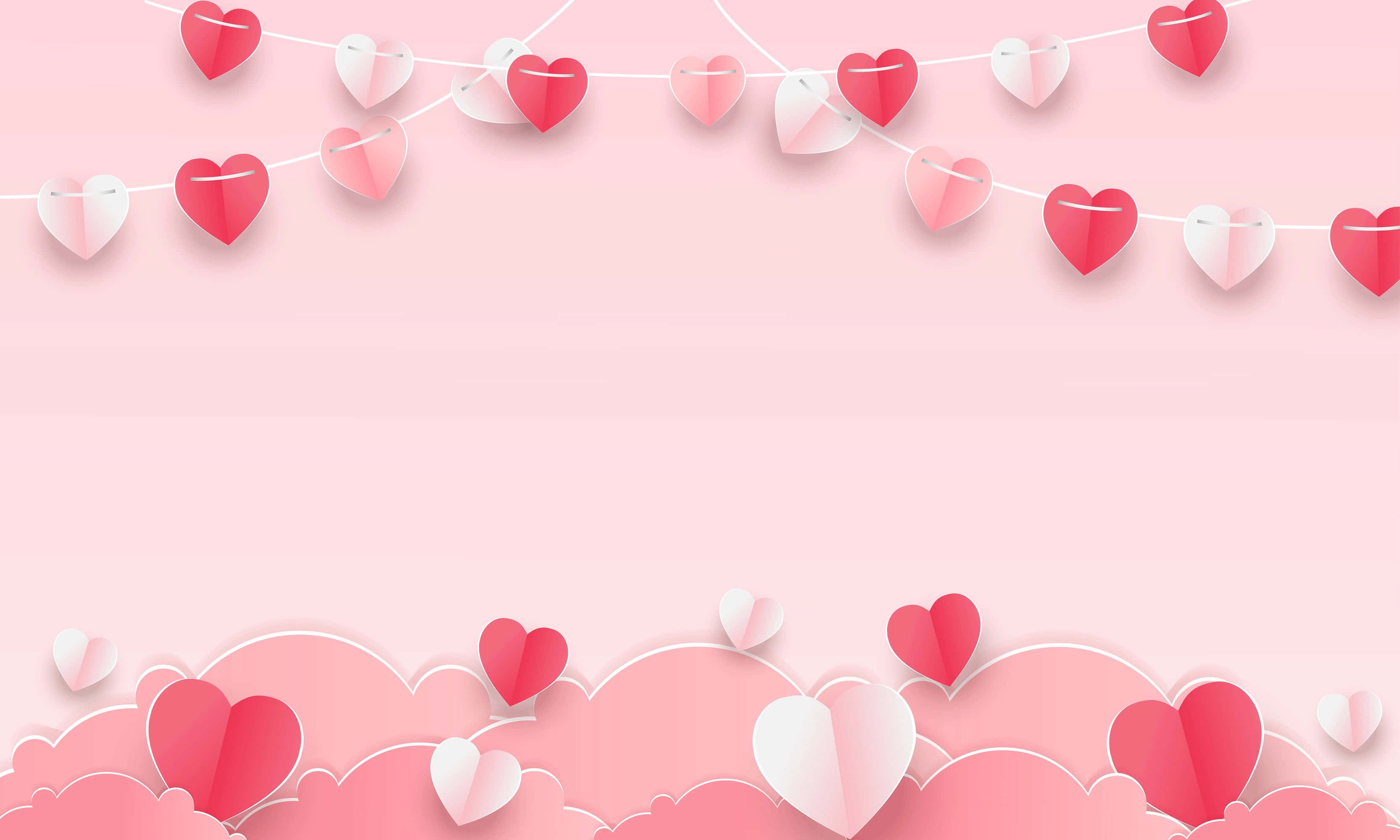 cute hearts, pink paper hearts, fluffy cloud shapes, 2K Desktop Wallpaper