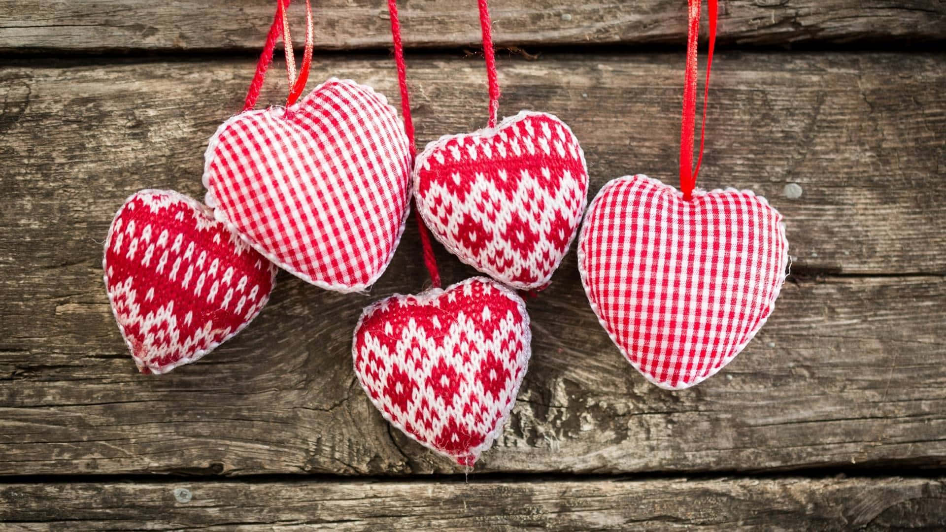 cute hearts, red and white patterned fabric hearts, red strings, Full HD Desktop Wallpaper
