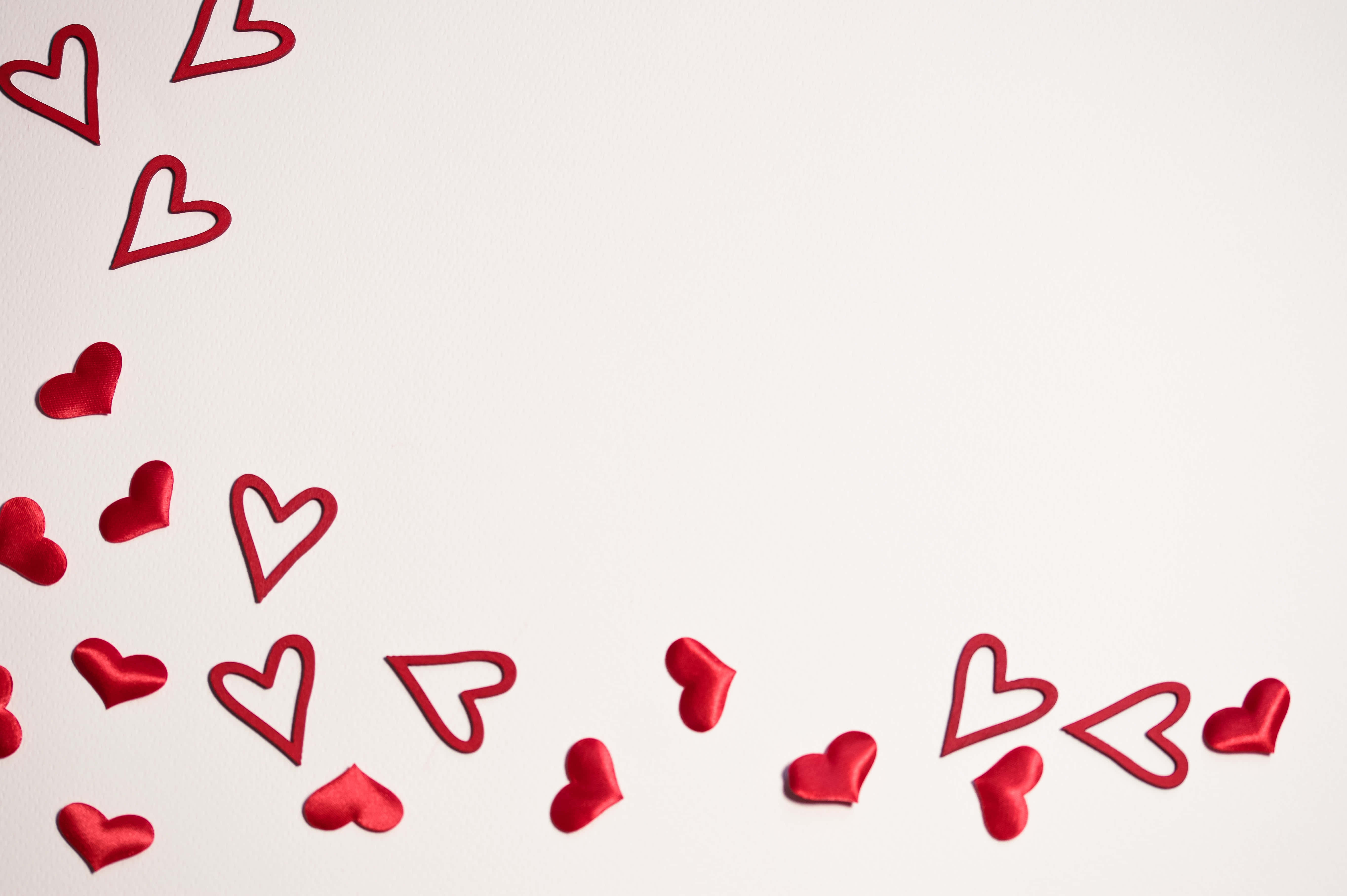 cute hearts, red heart cutouts, white textured background, 5K Desktop Wallpaper